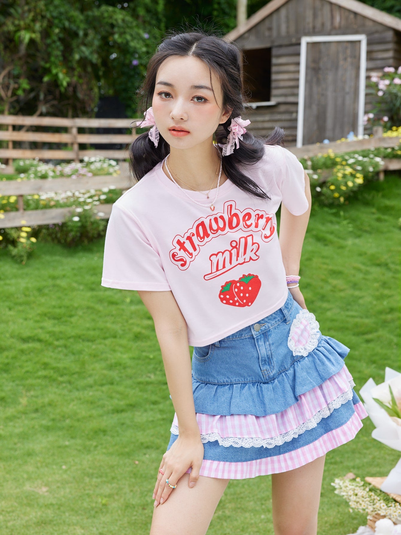 ROMWE Kawaii Camiseta corta holgada con cuello redondo, estampado de fresa y letras, para la escuela