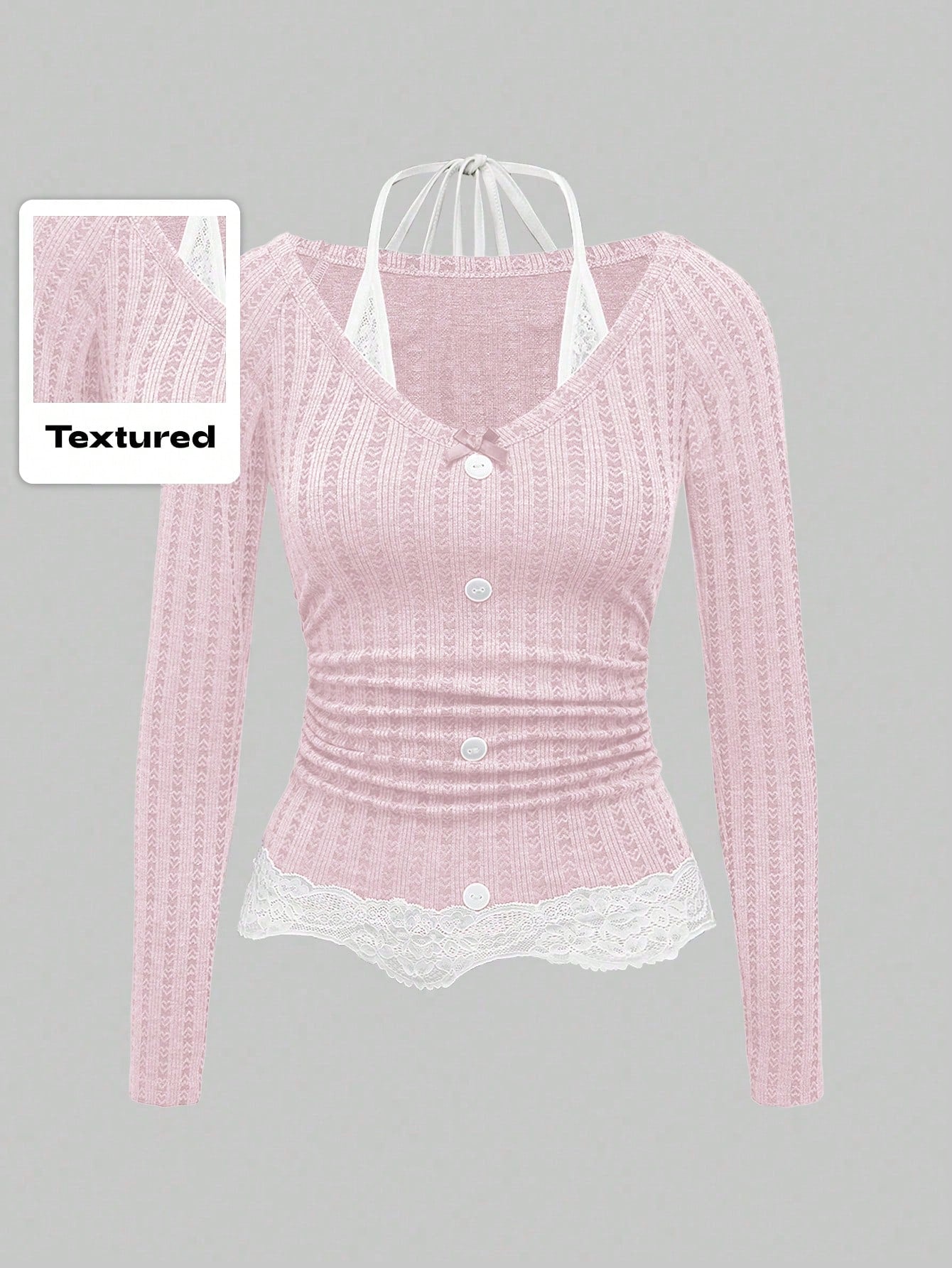 ROMWE Kawaii Camiseta de mujer ajustada con halter de encaje de contraste rosa en 2 en 1, estilo Himekaji