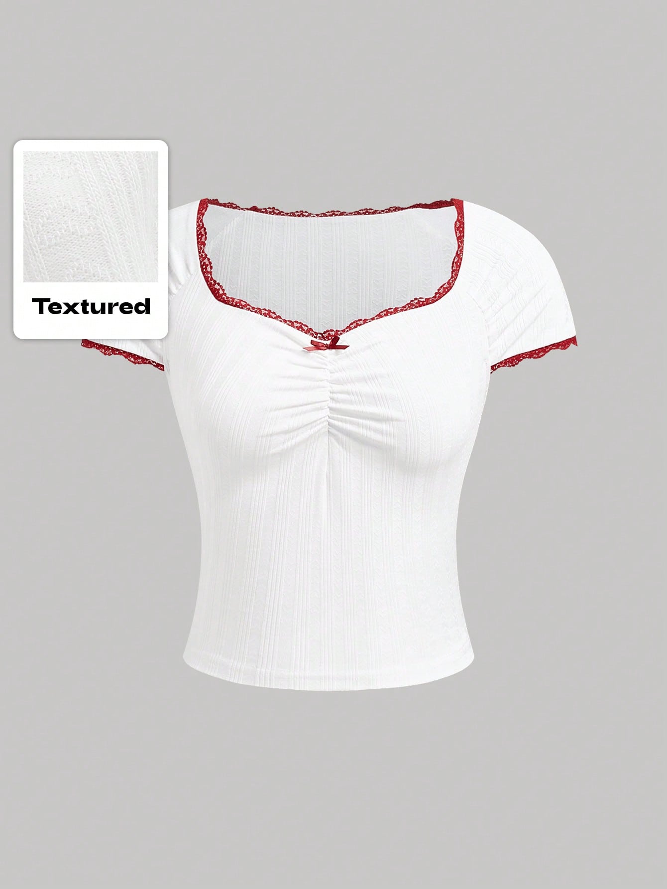 ROMWE Kawaii Camiseta elástica para mujer de ajuste ceñido con forma de corazón, acabado con encaje y lazo, para ocio y escuela