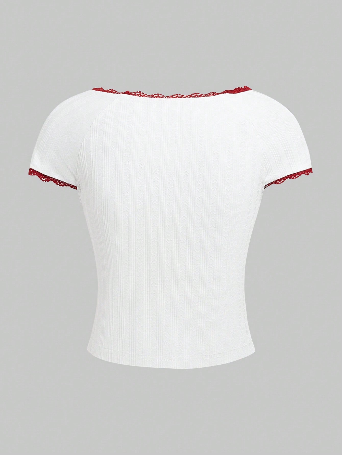 ROMWE Kawaii Camiseta elástica para mujer de ajuste ceñido con forma de corazón, acabado con encaje y lazo, para ocio y escuela