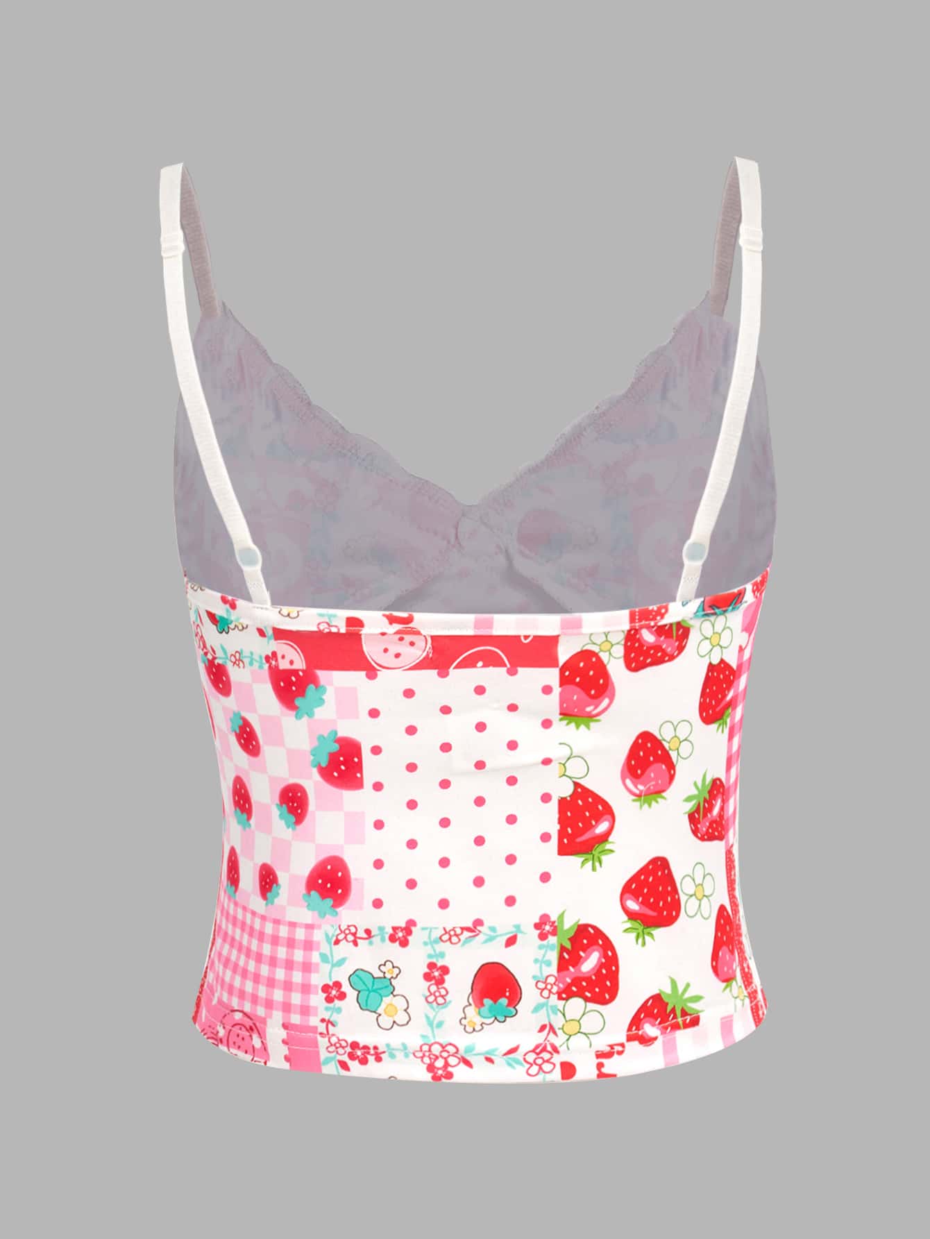ROMWE Kawaii Camiseta estilo campestre con cuello en V, estampado de fresa, contraste de encaje, top lindo para la escuela