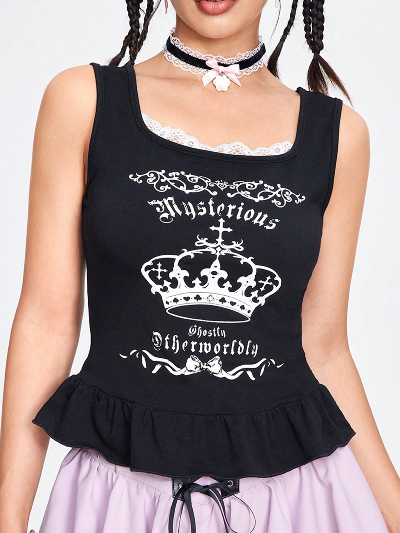 ROMWE Kawaii Camiseta sin mangas de verano para mujer con impresión de corona y letras, cordón y lazo para atar en la espalda