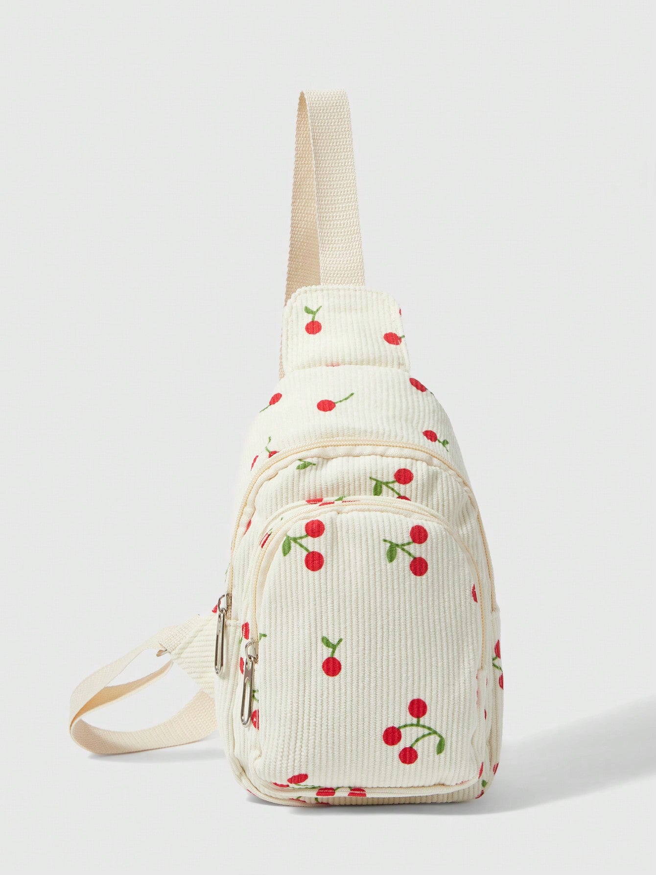 ROMWE Kawaii Cangurera Blanca de Mujer con Diseño de Fresas, Múltiples Bolsillos con Cremallera, Material de Lona, Tamaño Pequeño, Bolso de Viaje Lindo y Rosa