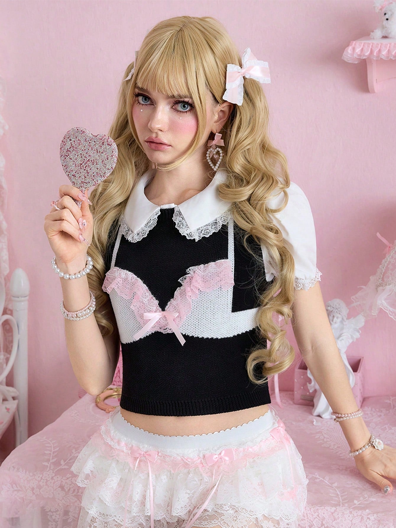 ROMWE Kawaii Chaleco de punto con cuello redondo, decoración de encaje y lazo en el pecho, estilo lindo y femenino para mujer