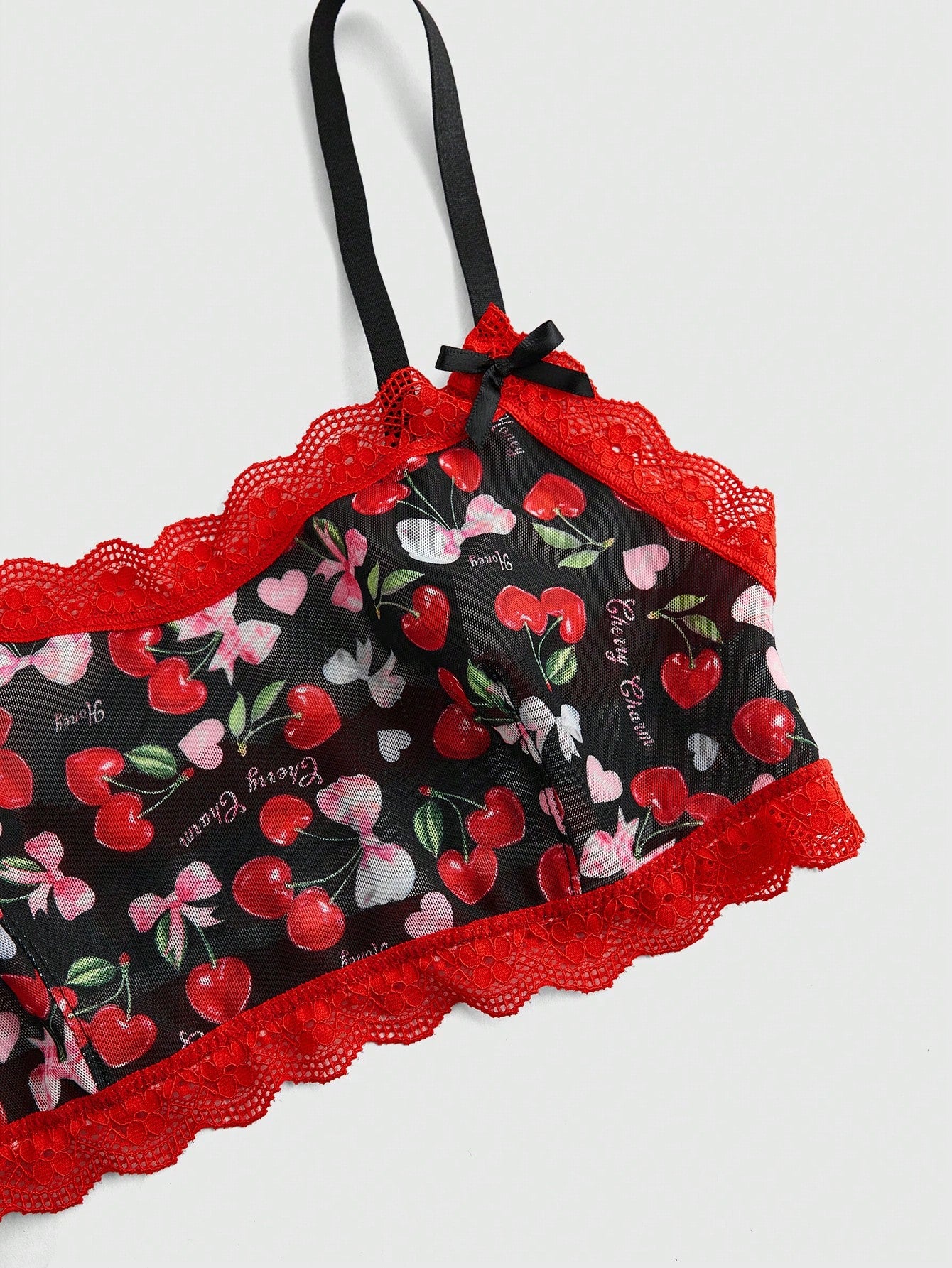 ROMWE Kawaii Conjunto de lencería transparente sin aros con estampado integral de flores de cerezo y mariposas