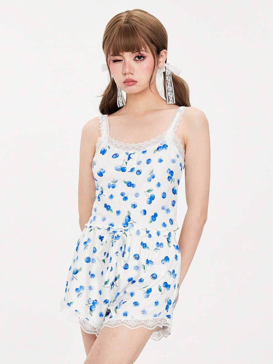 ROMWE Kawaii Conjunto de pijama de camisola de punto acanalado con arándanos frescos para mujer