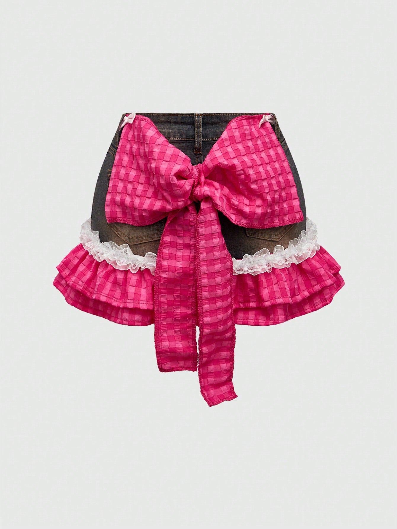 ROMWE Kawaii Falda de mezclilla en línea A con parches y moños lindos para mujer estilo Gyaru
