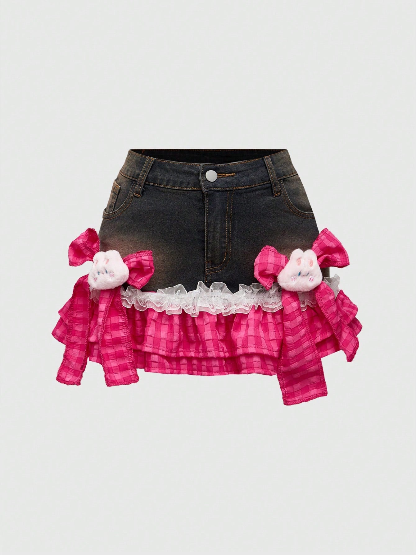 ROMWE Kawaii Falda de mezclilla en línea A con parches y moños lindos para mujer estilo Gyaru