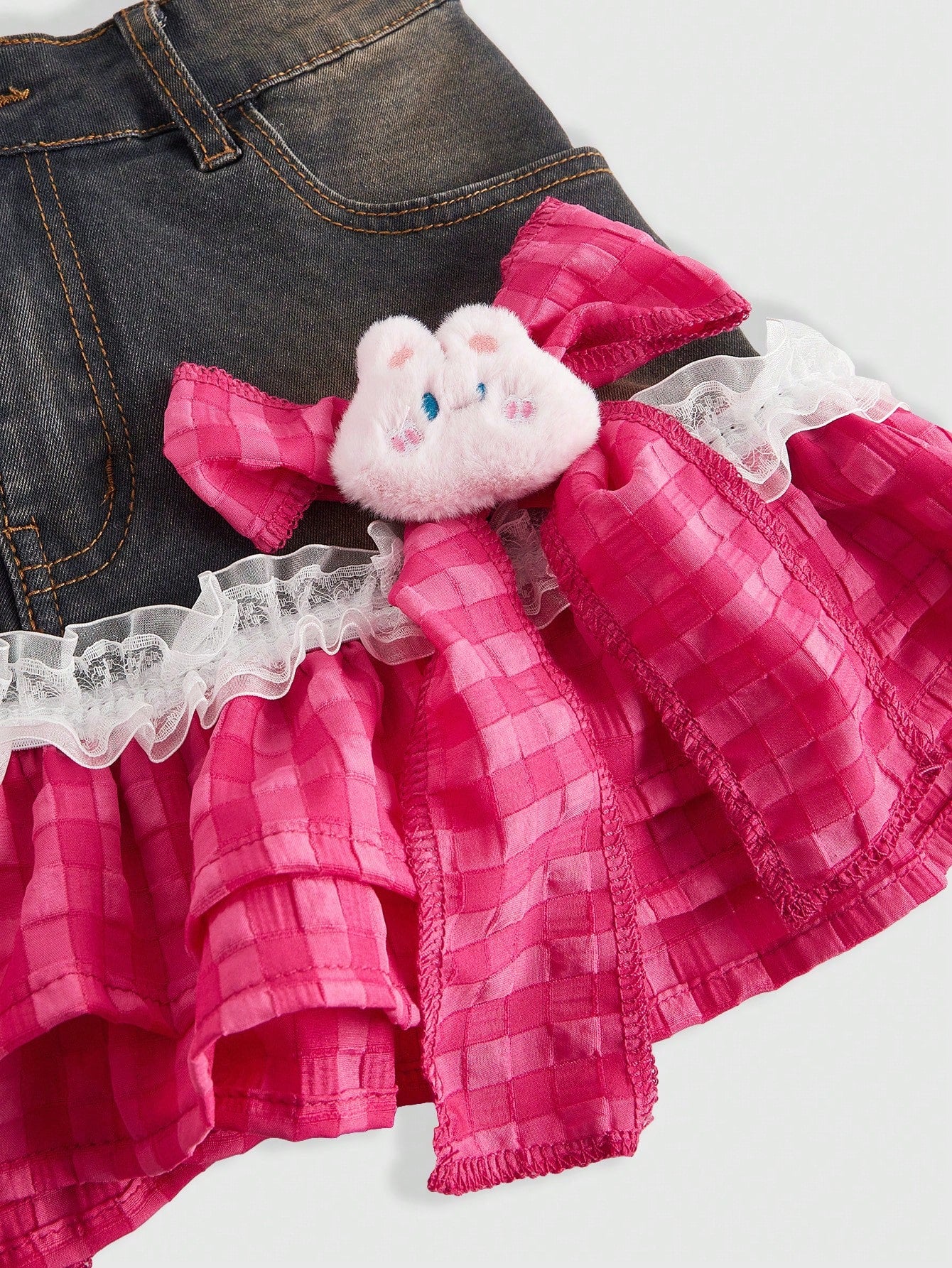 ROMWE Kawaii Falda de mezclilla en línea A con parches y moños lindos para mujer estilo Gyaru