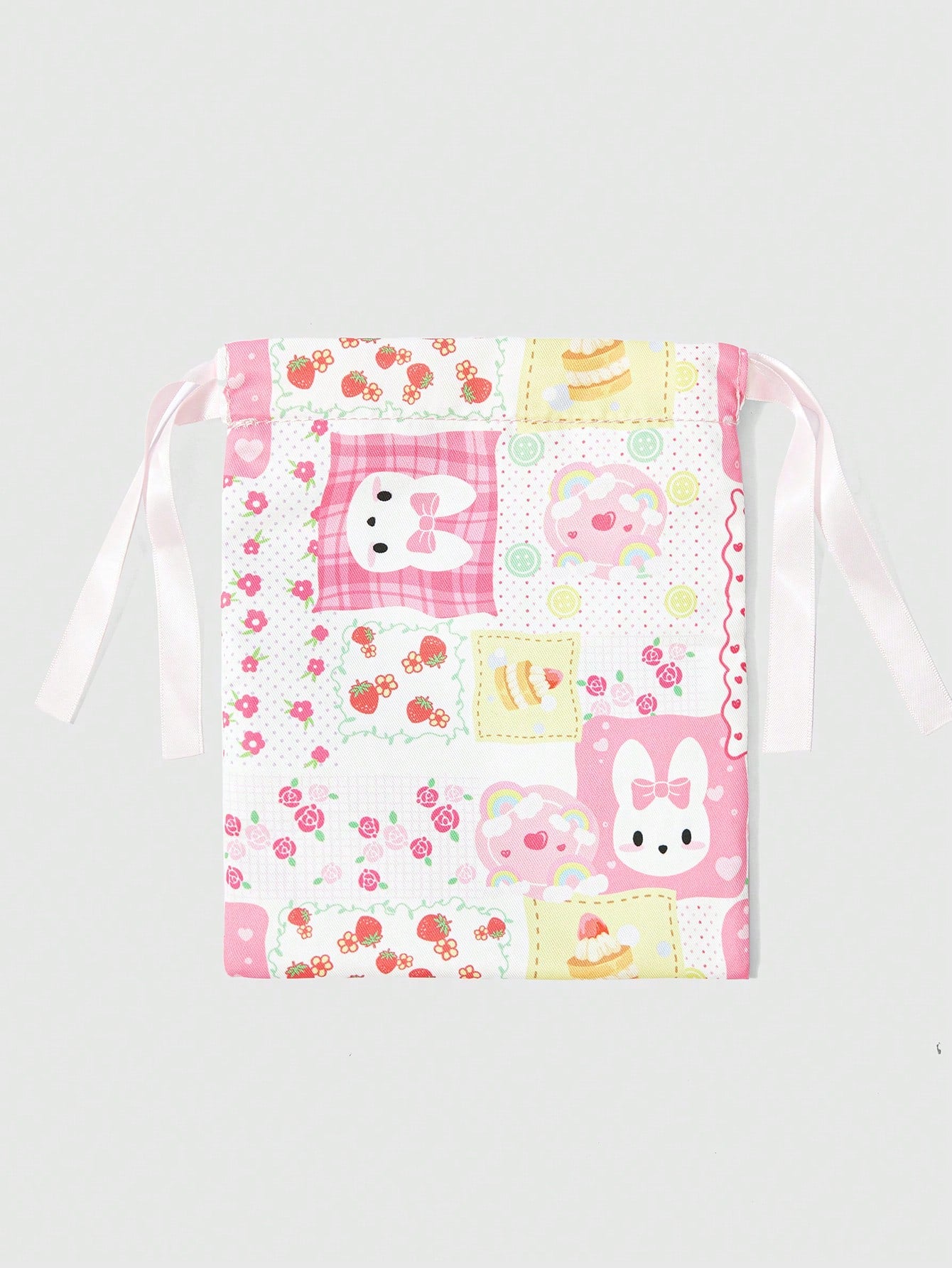 ROMWE Kawaii Linda bolsa de almacenamiento con cordón y estampado de dibujos animados, práctica bolsa de maquillaje portátil