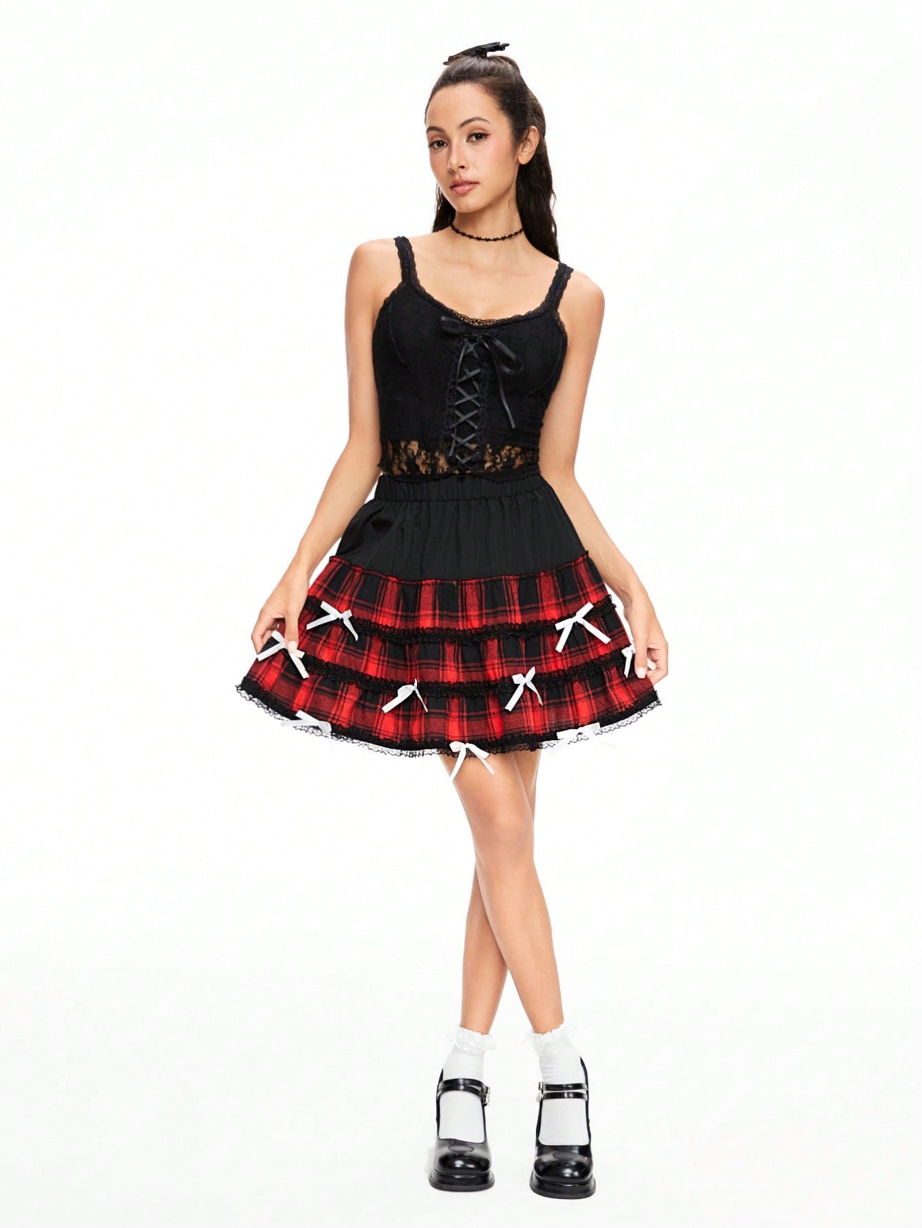 ROMWE Kawaii Minifalda dulce de mujer con diseño a cuadros, encaje de contraste y adorno de lazo, verano