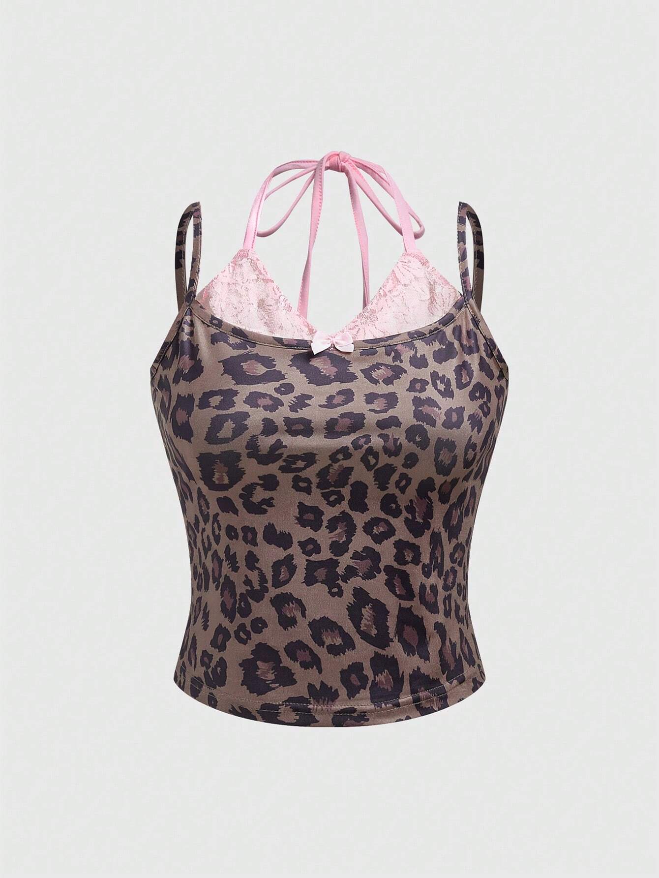 ROMWE Kawaii Parte superior de cami con encaje y lazo a lunares 2 en 1 para mujer, escuela