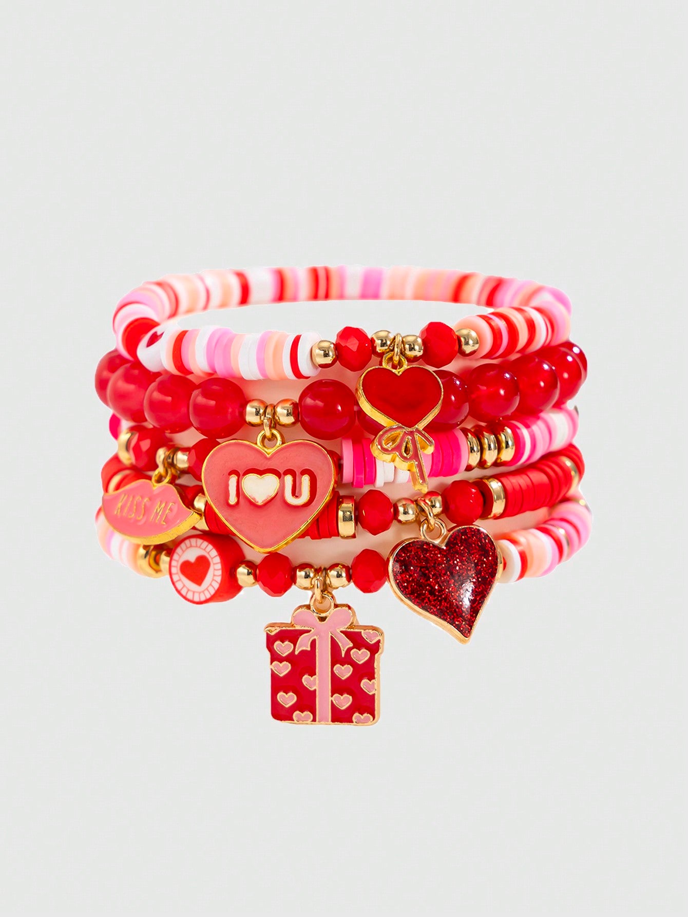 ROMWE Kawaii Set de 5 piezas de pulseras con colgante de corazón lindo en estilo Y2K de arcilla polimérica, regalo para familia y amigos en el Día de San Valentín, mamá, madre, Día de la Madre