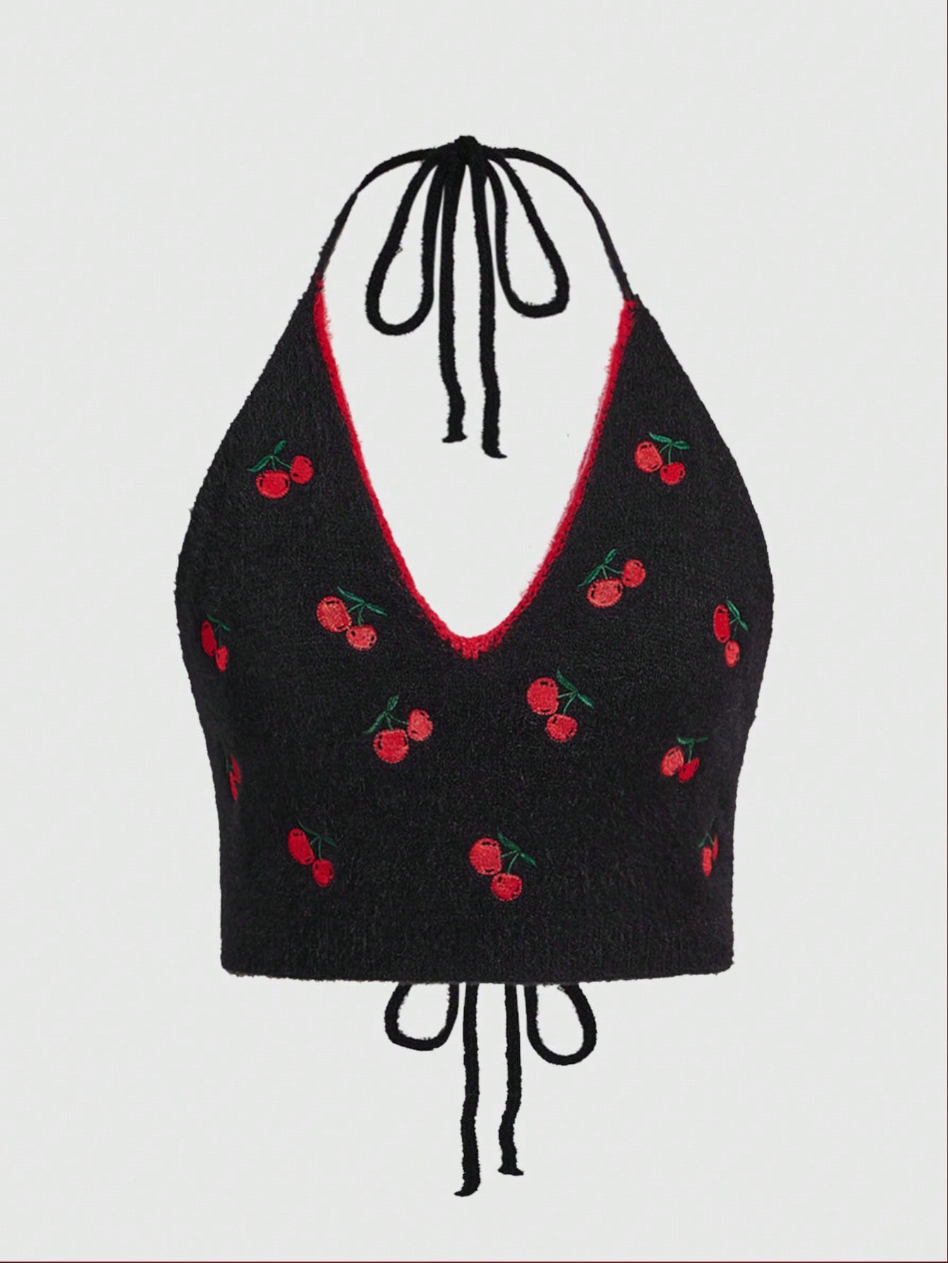 ROMWE Kawaii Top De Punto Para Mujeres Con Estampado Dulce De Cereza Bordado En La Parte Superior, Con Correas De Atar Estilo Halter