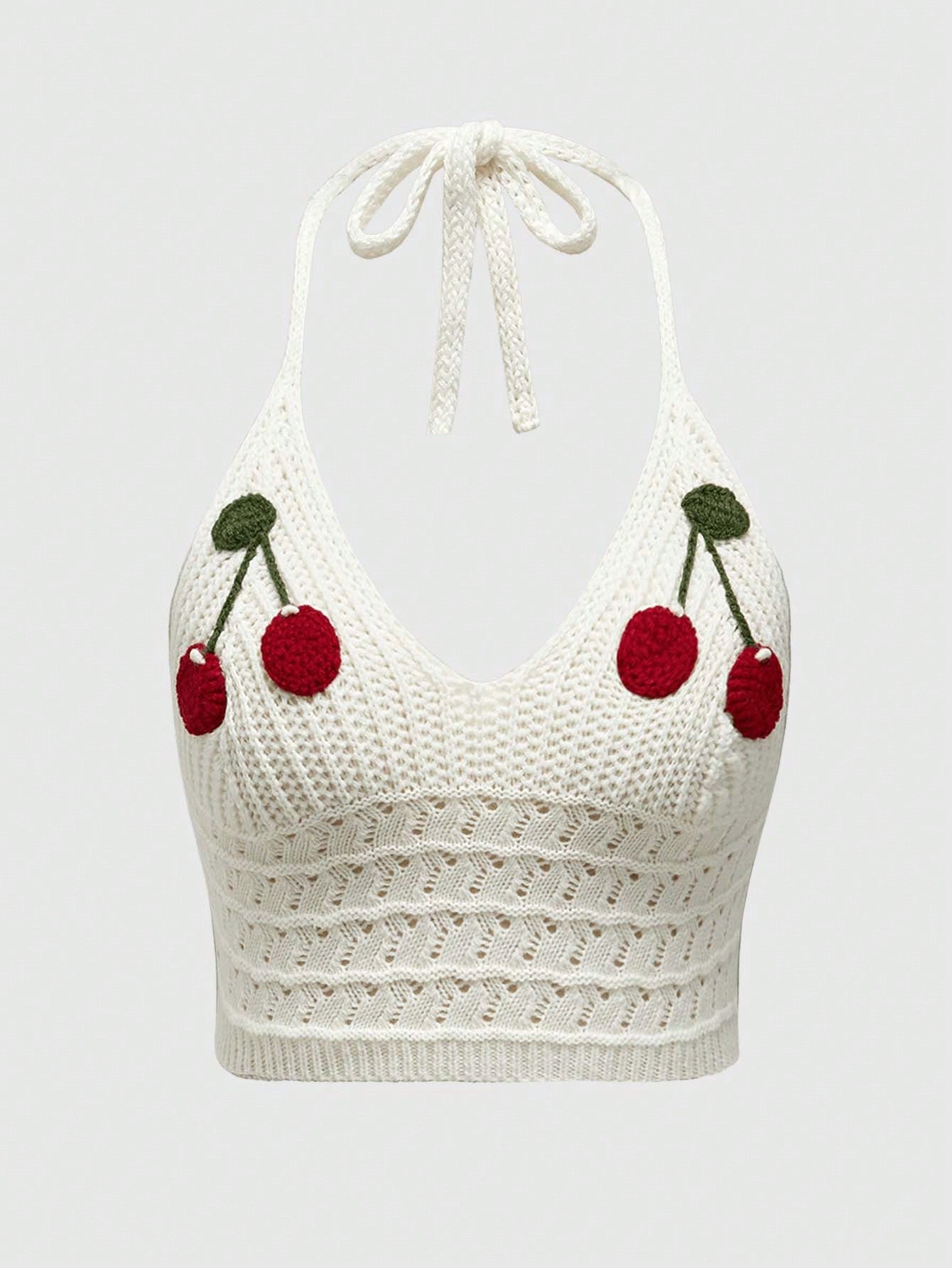 ROMWE Kawaii Top de punto de verano para mujer con estampado de cerezas y cuello halter