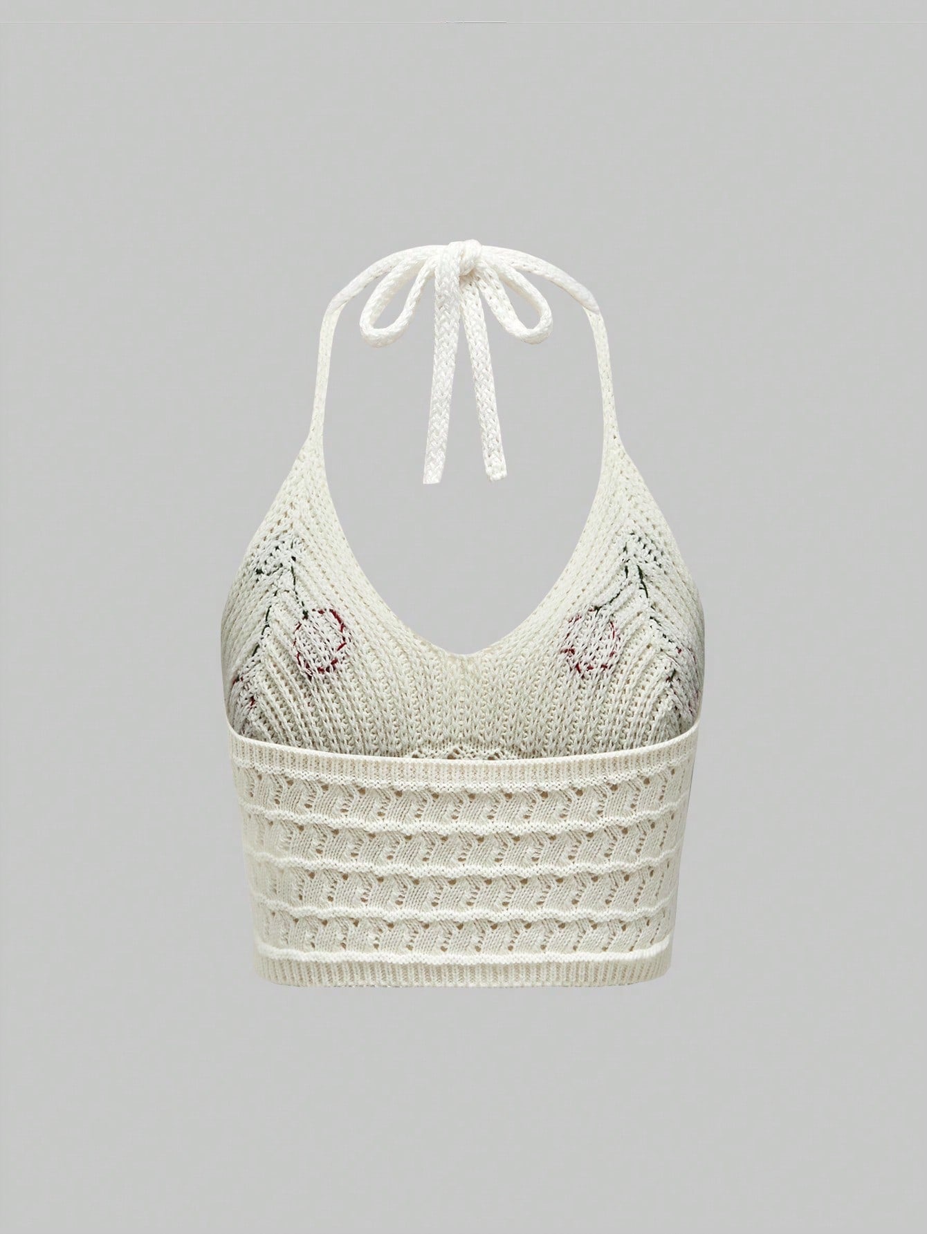 ROMWE Kawaii Top de punto de verano para mujer con estampado de cerezas y cuello halter