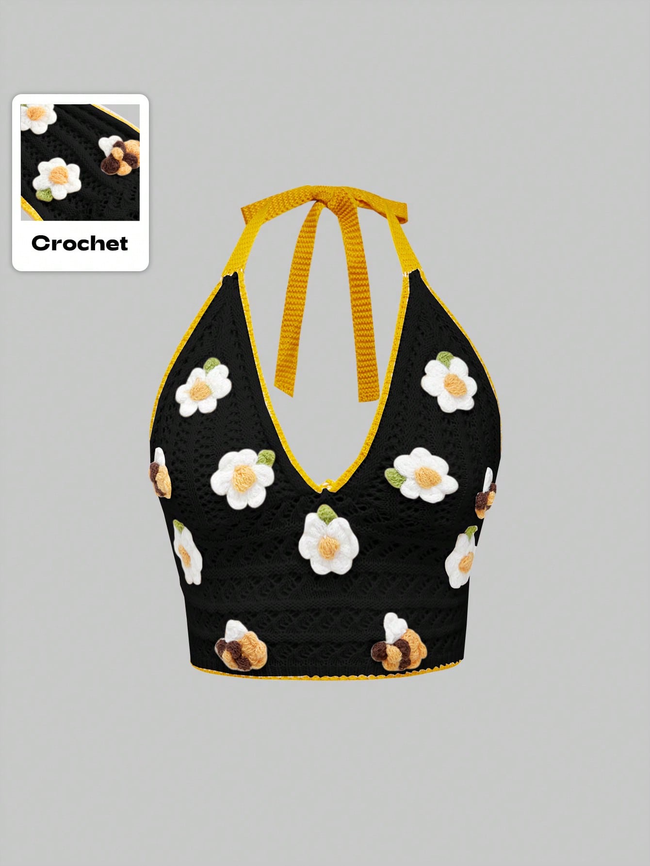 ROMWE Kawaii Top de punto sin mangas con contraste de bordado floral para mujer