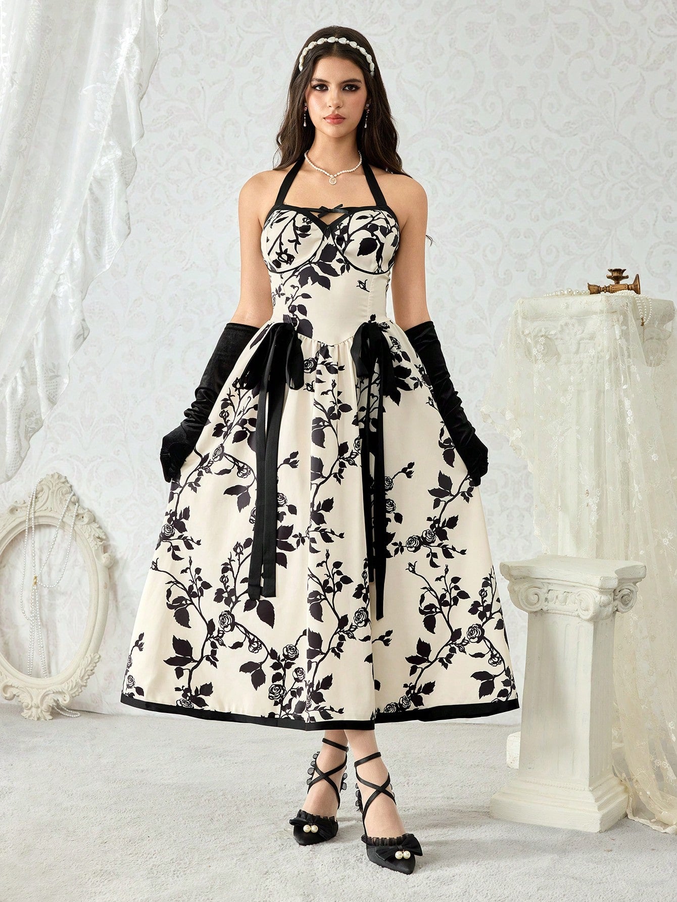 ROMWE Kawaii Vestido maxi con estampado floral de rosa en estilo de palacio retro