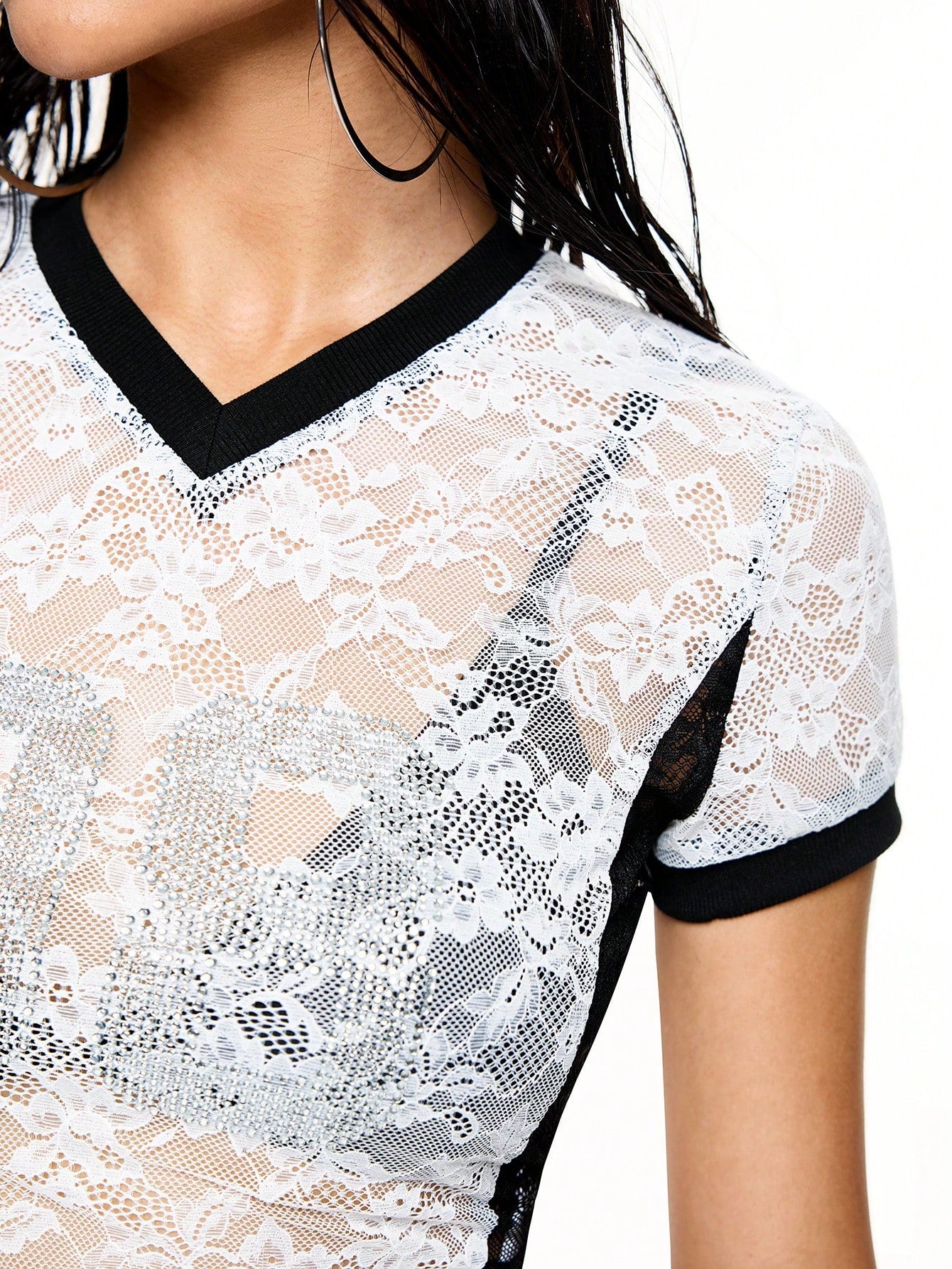 ROMWE Street Life Camiseta para mujer con diseño de número 08 con decoración de cristales de rhinestones y encaje transparente estilo Y2K