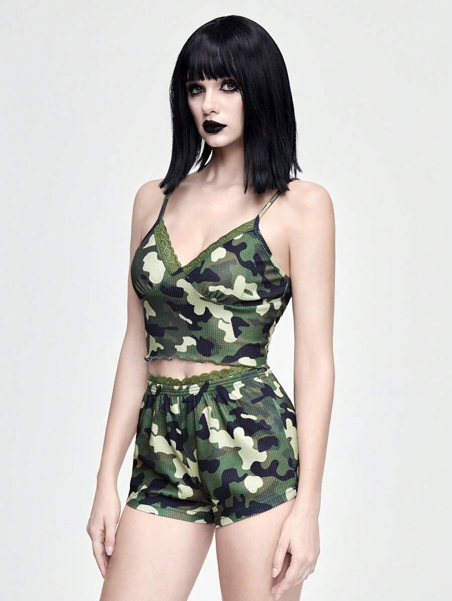 ROMWE Street Life Conjunto de pijama de camisola de retales de camuflaje y encaje, estilo de vida callejero estadounidense retro