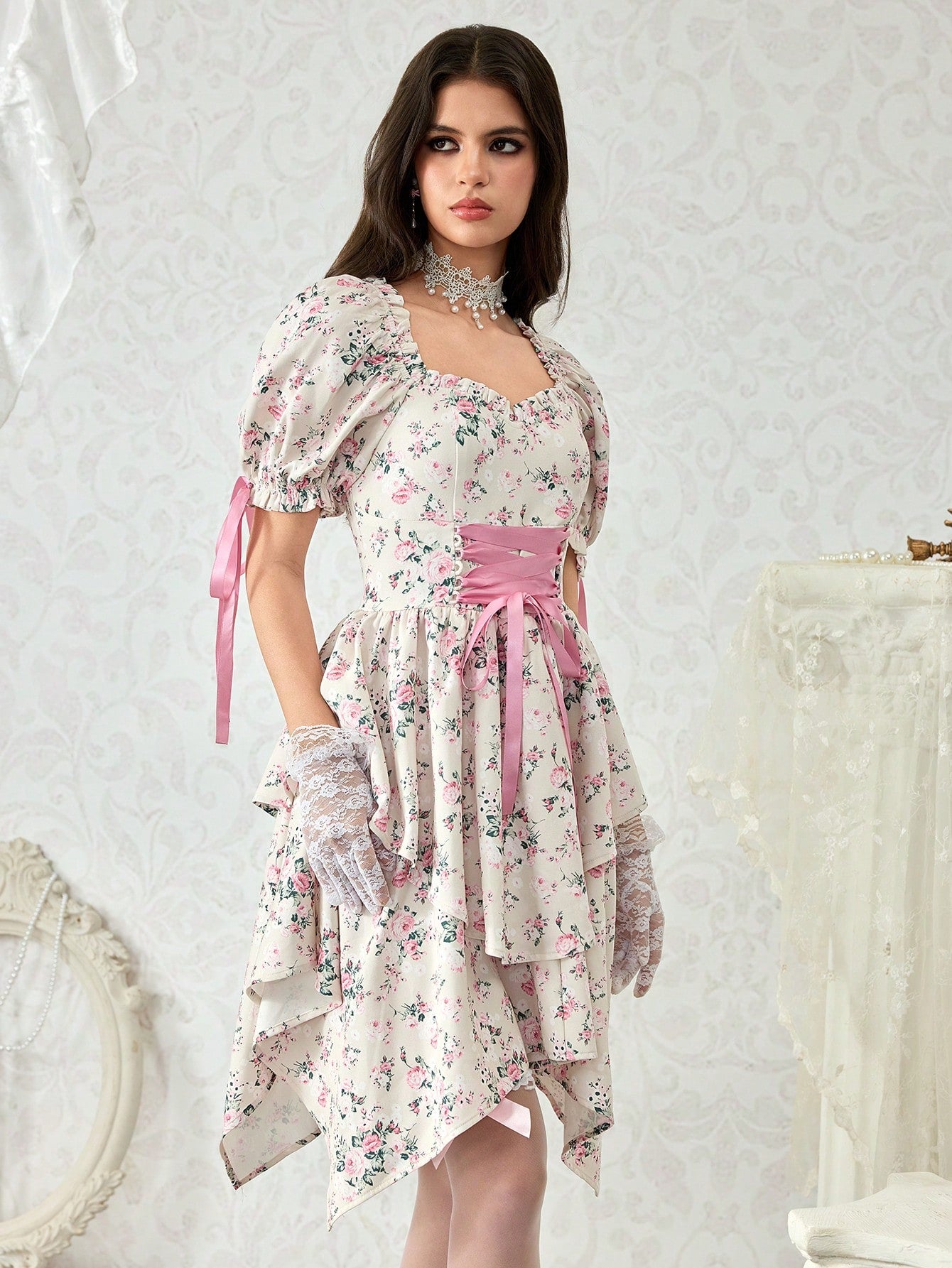 ROMWE Vestido elegante con escote cruzado, cintura elástica y dobladillo asimétrico con estampado floral diminuto, para té