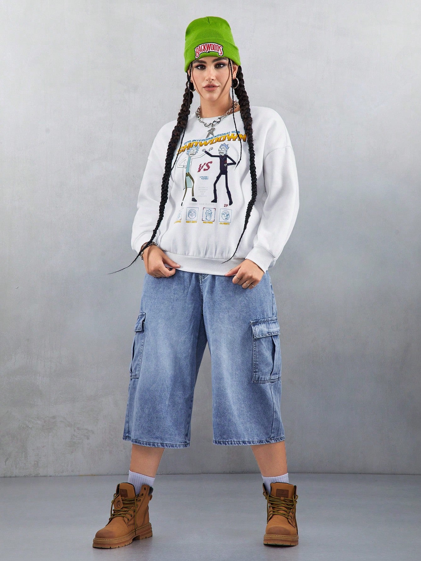 Rick and Morty X SHEIN Sudadera holgada de felpa con gráficos, blanca, talla grande