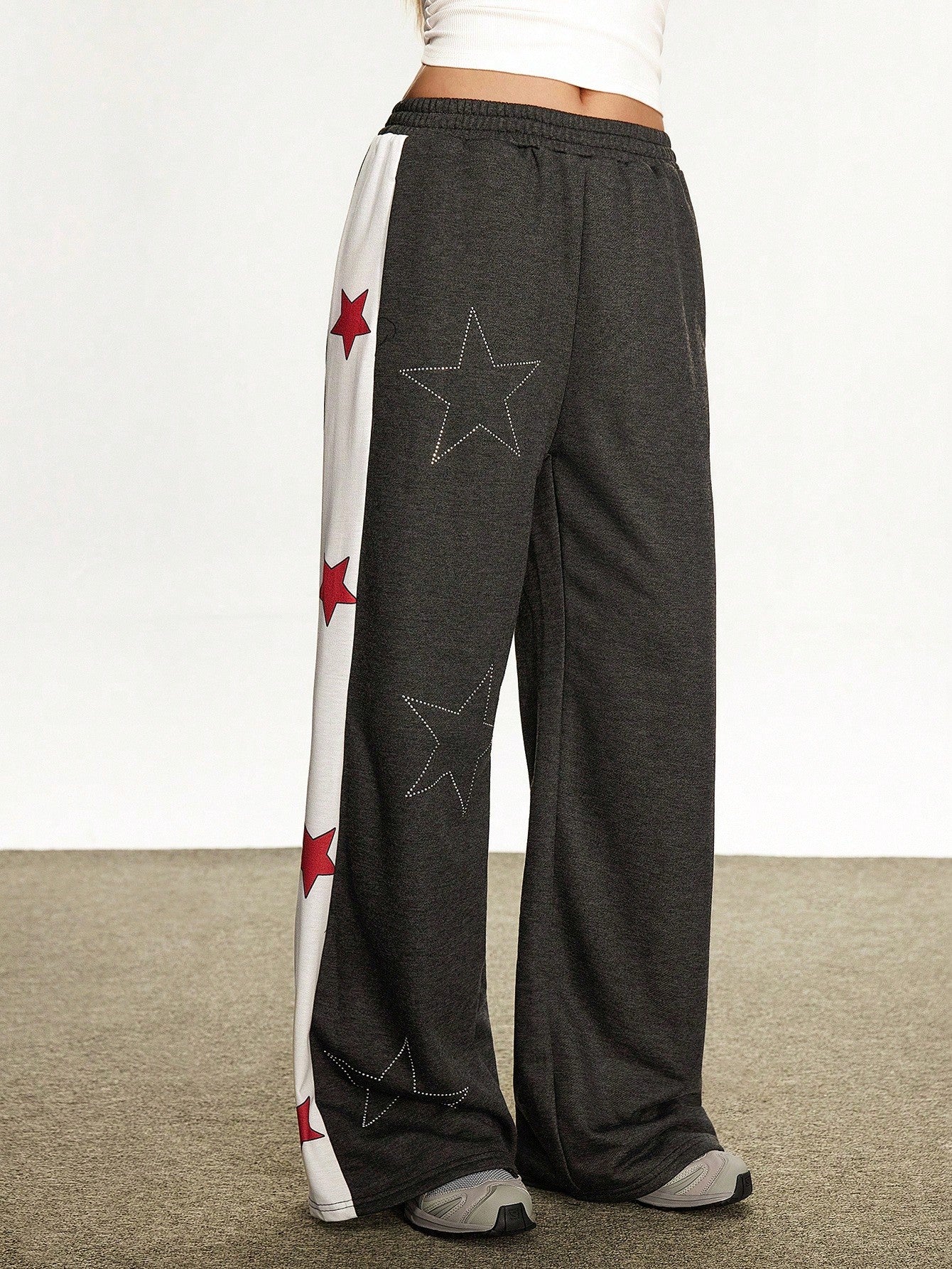 Rina Fox Pantalones de chándal casuales y holgados con estampado de estrella de cinco puntas de color contrastante para mujer