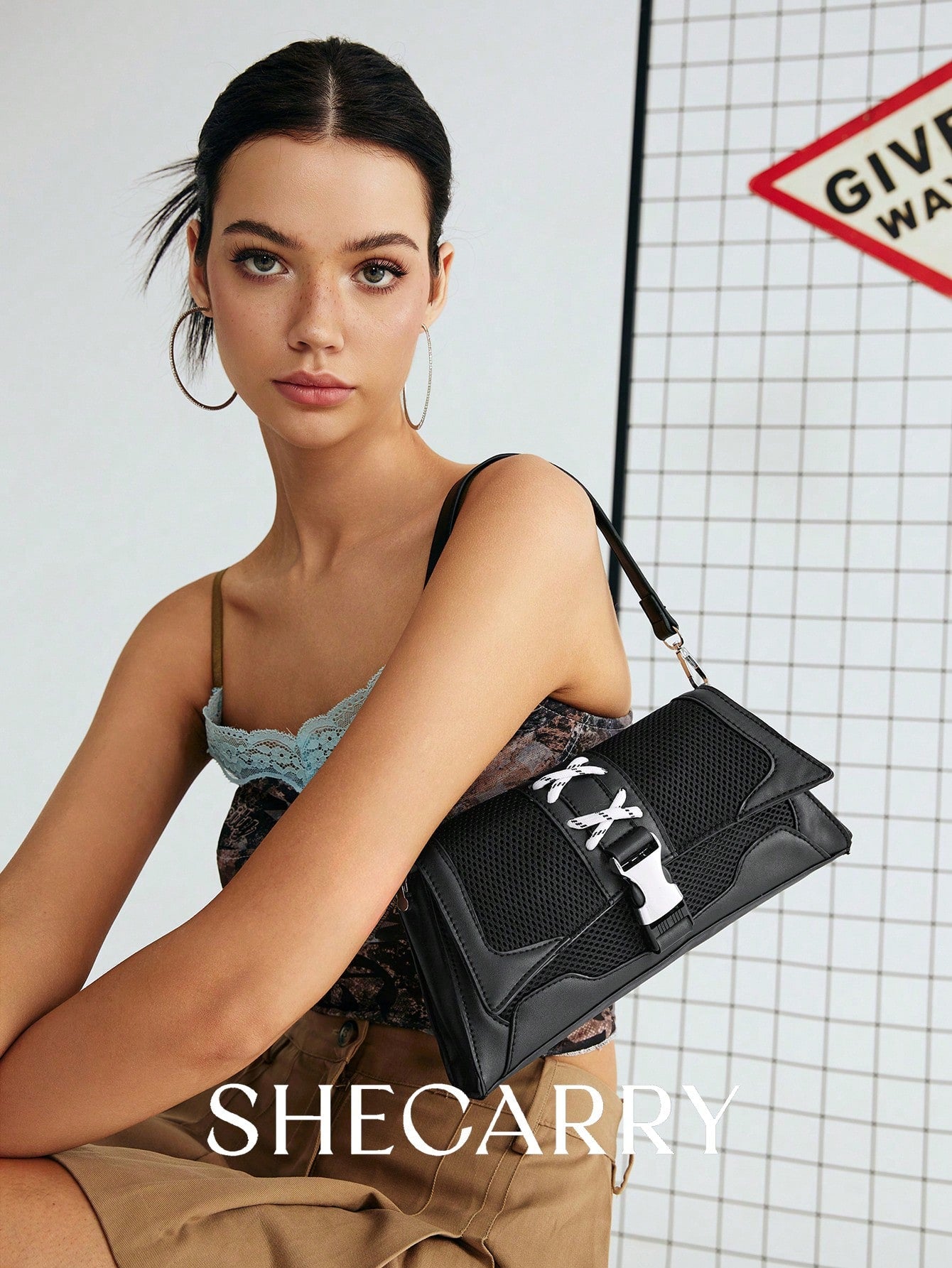 SHECARRY Bolsos de hombro para mujer, de malla, nailon, otoño/verano/invierno, universidad, escuela, vacaciones, estilo callejero, deportes, una noche, Y2K, futurista, punk, estilo motero, dulce, fresco, urbano, techwear, lazo, estudiante