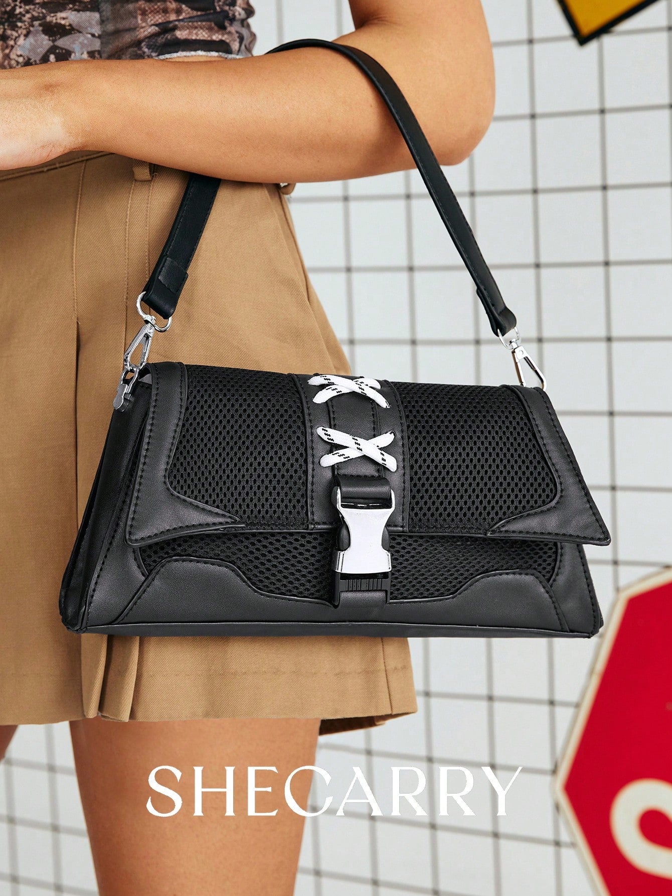 SHECARRY Bolsos de hombro para mujer, de malla, nailon, otoño/verano/invierno, universidad, escuela, vacaciones, estilo callejero, deportes, una noche, Y2K, futurista, punk, estilo motero, dulce, fresco, urbano, techwear, lazo, estudiante