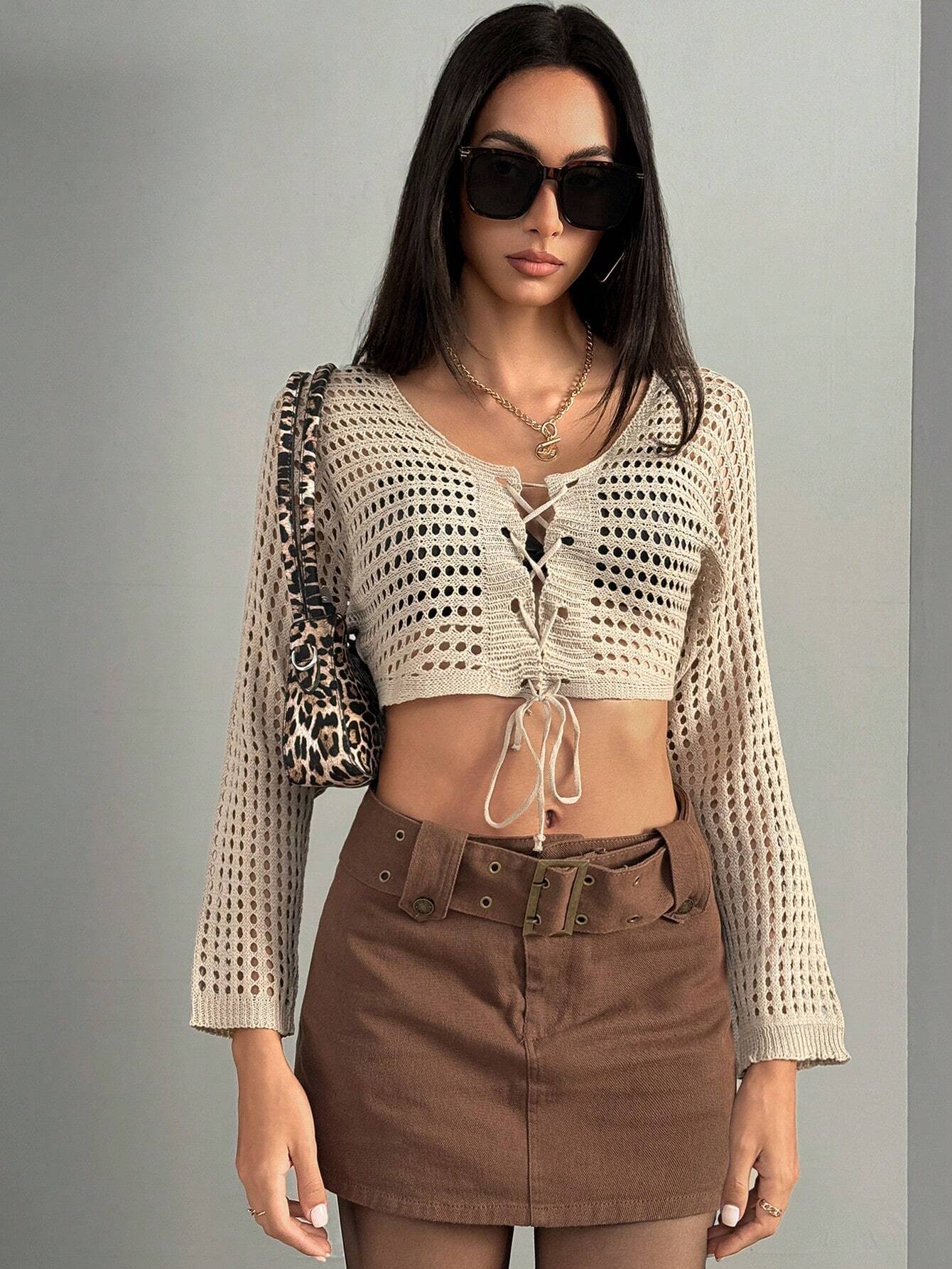 SHEIN ICON Cárdigan corto de punto con huecos y lazo, estilo Y2K