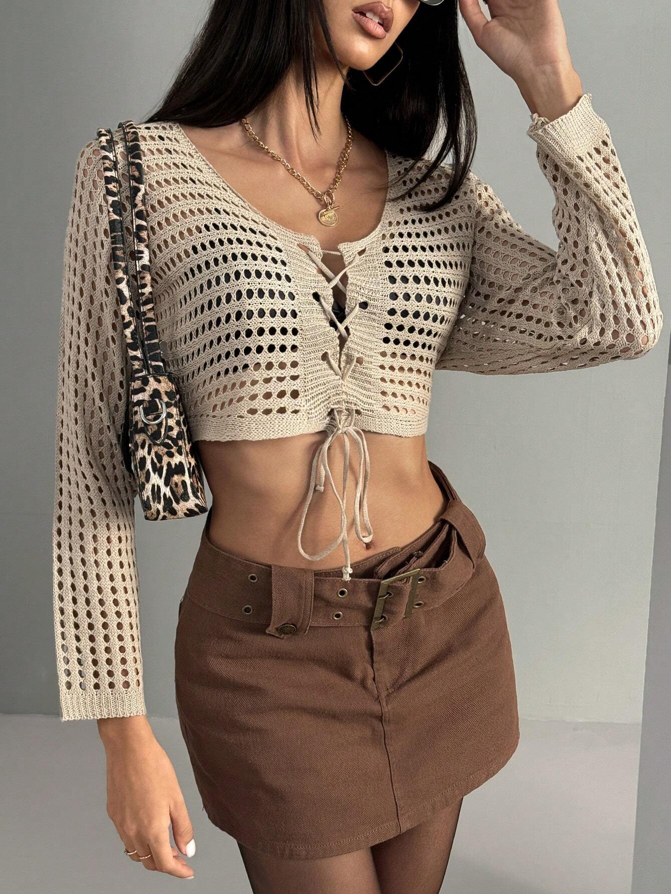 SHEIN ICON Cárdigan corto de punto con huecos y lazo, estilo Y2K