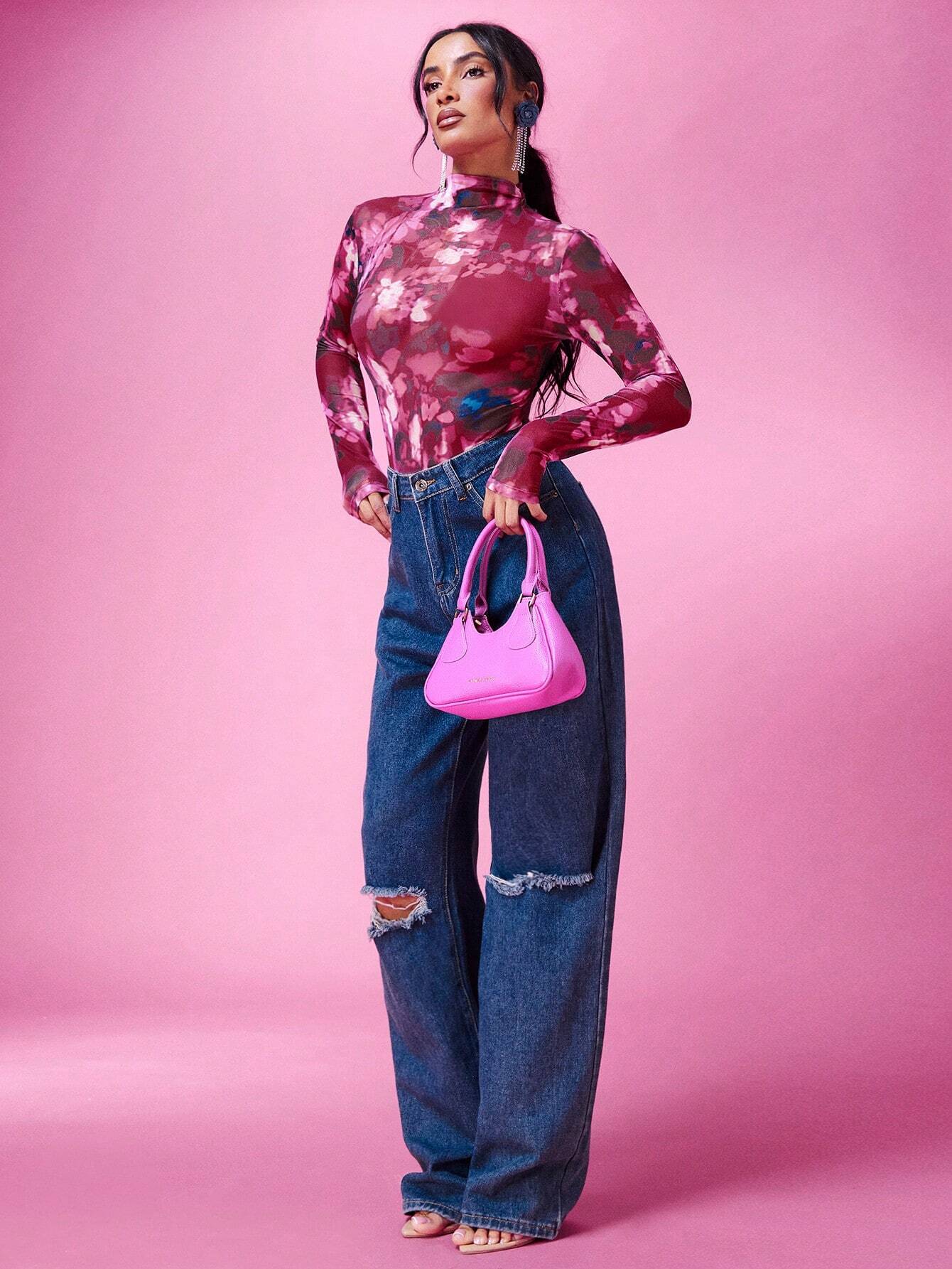SHEIN BAE Body De Malla Con Efecto Tie-dye Y Cuello Alto