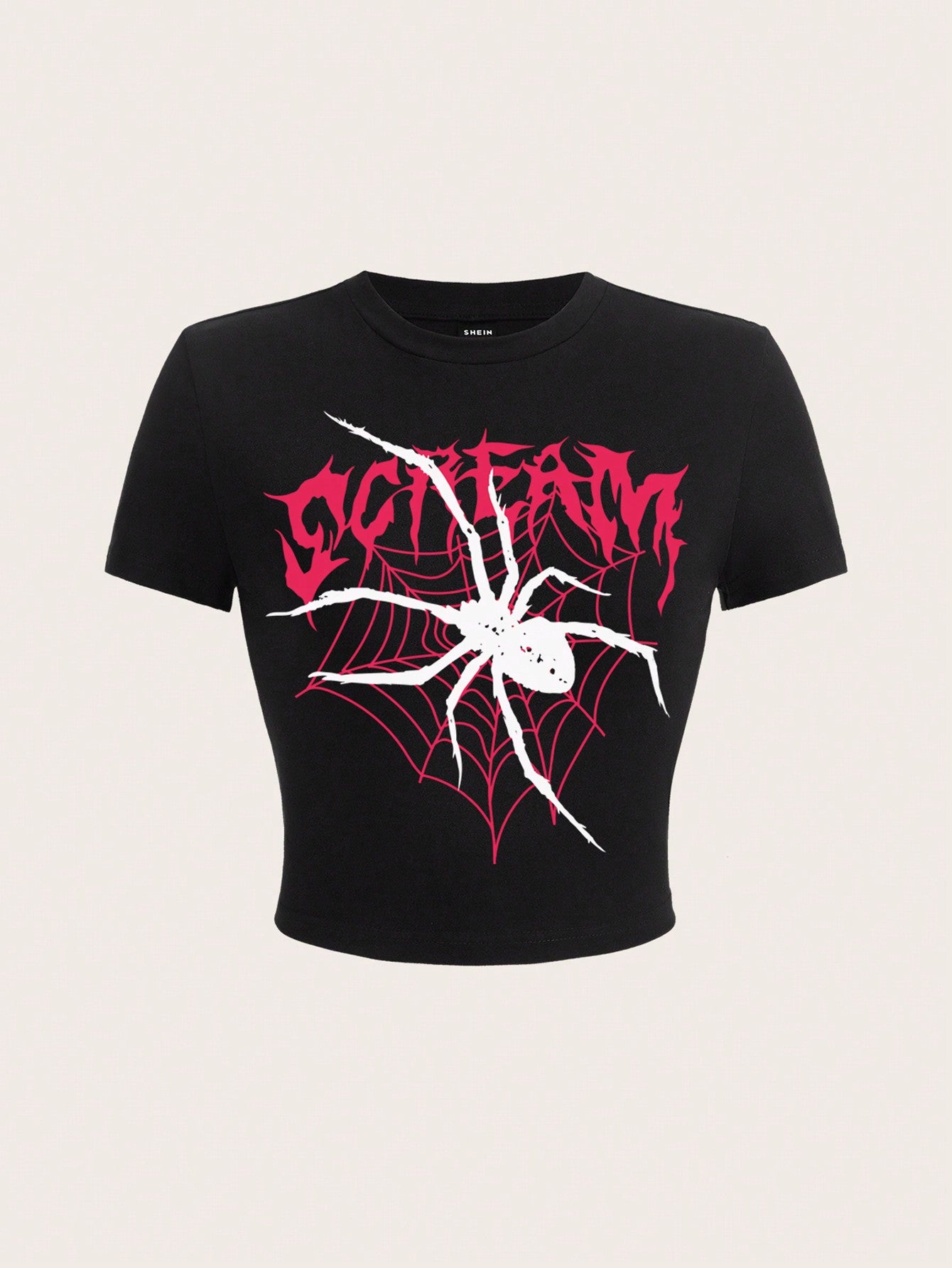 SHEIN Coolane Camiseta ajustada de manga corta con cuello redondo y estampado de araña, apropiada para el verano, para mujeres