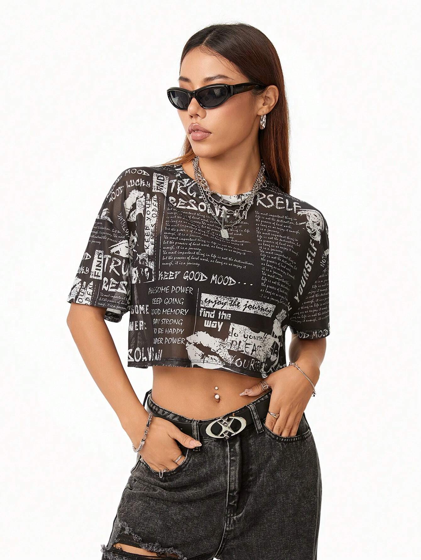 SHEIN Coolane Camiseta de malla transpirable para mujer de manga corta, cuello redondo y corte corto para el verano