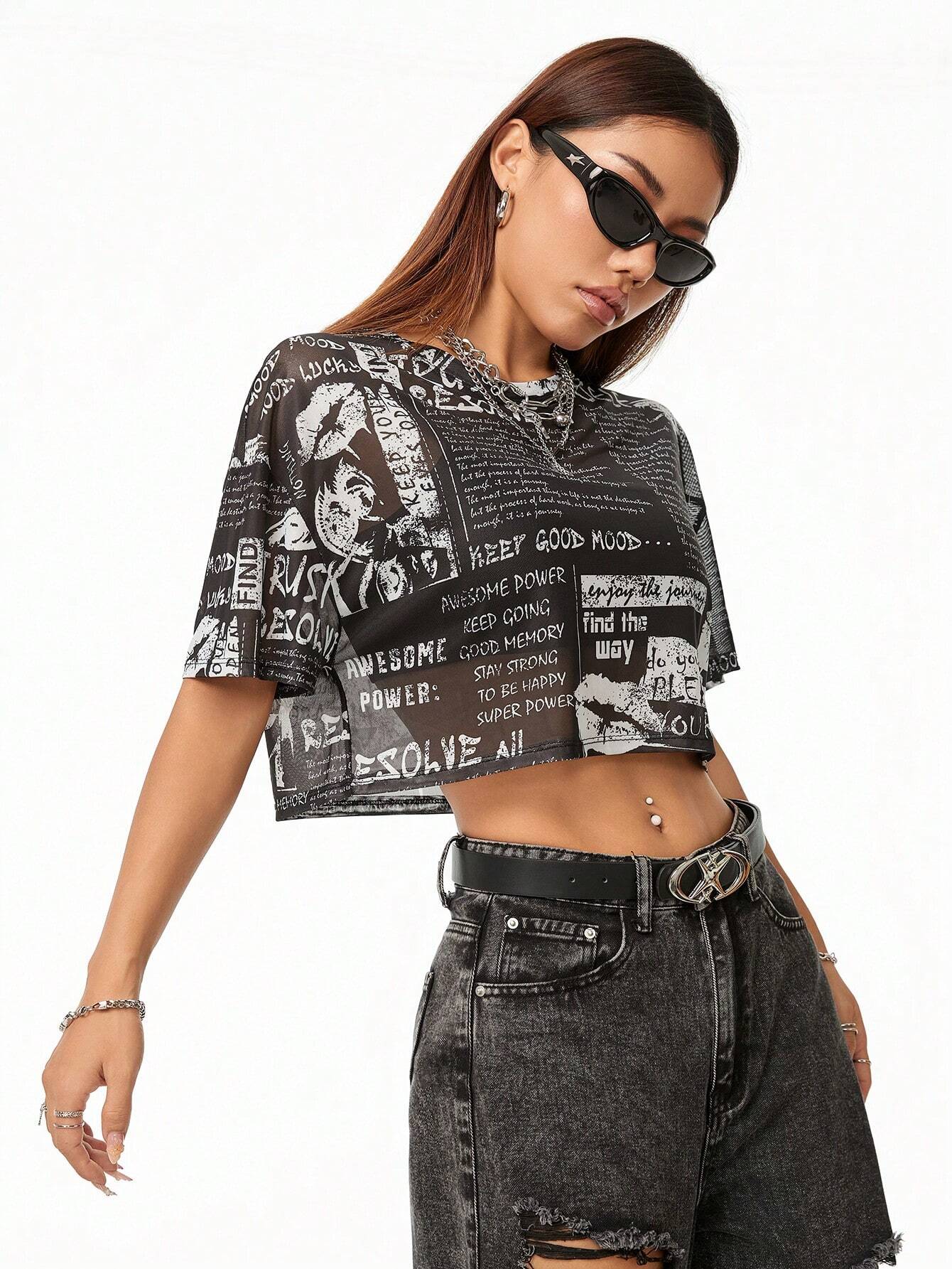 SHEIN Coolane Camiseta de malla transpirable para mujer de manga corta, cuello redondo y corte corto para el verano