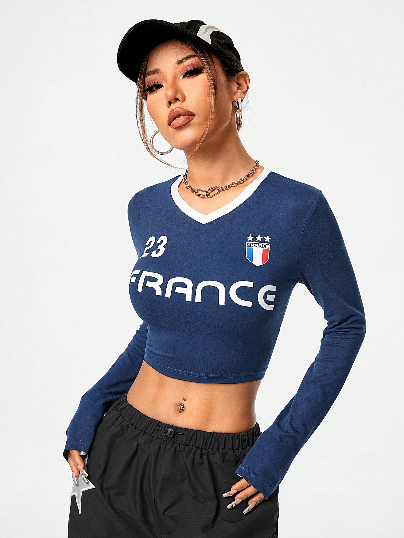 SHEIN Coolane Camiseta de manga larga de tejido jersey con estampado francés de tendencia Y2K para mujer