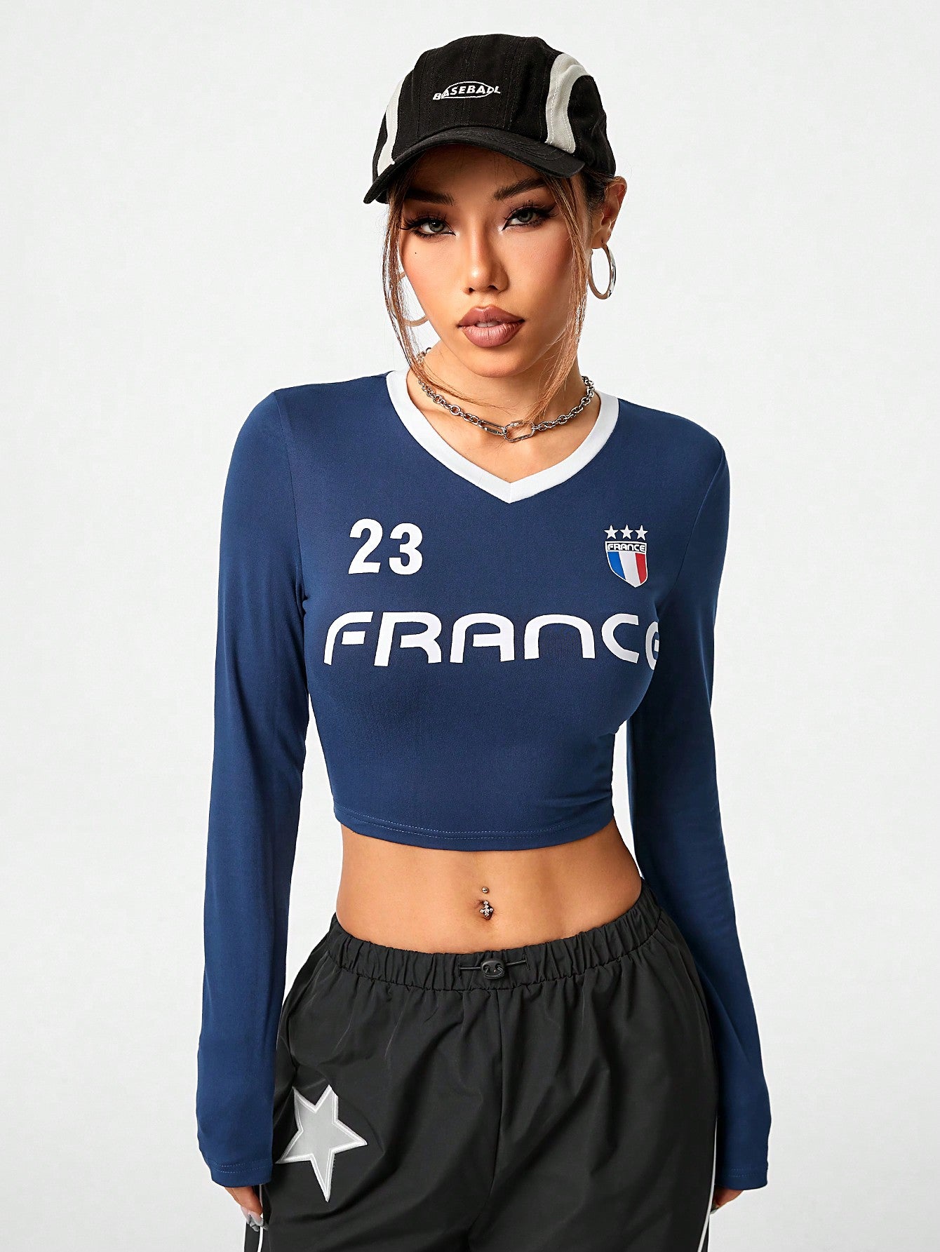 SHEIN Coolane Camiseta de manga larga de tejido jersey con estampado francés de tendencia Y2K para mujer