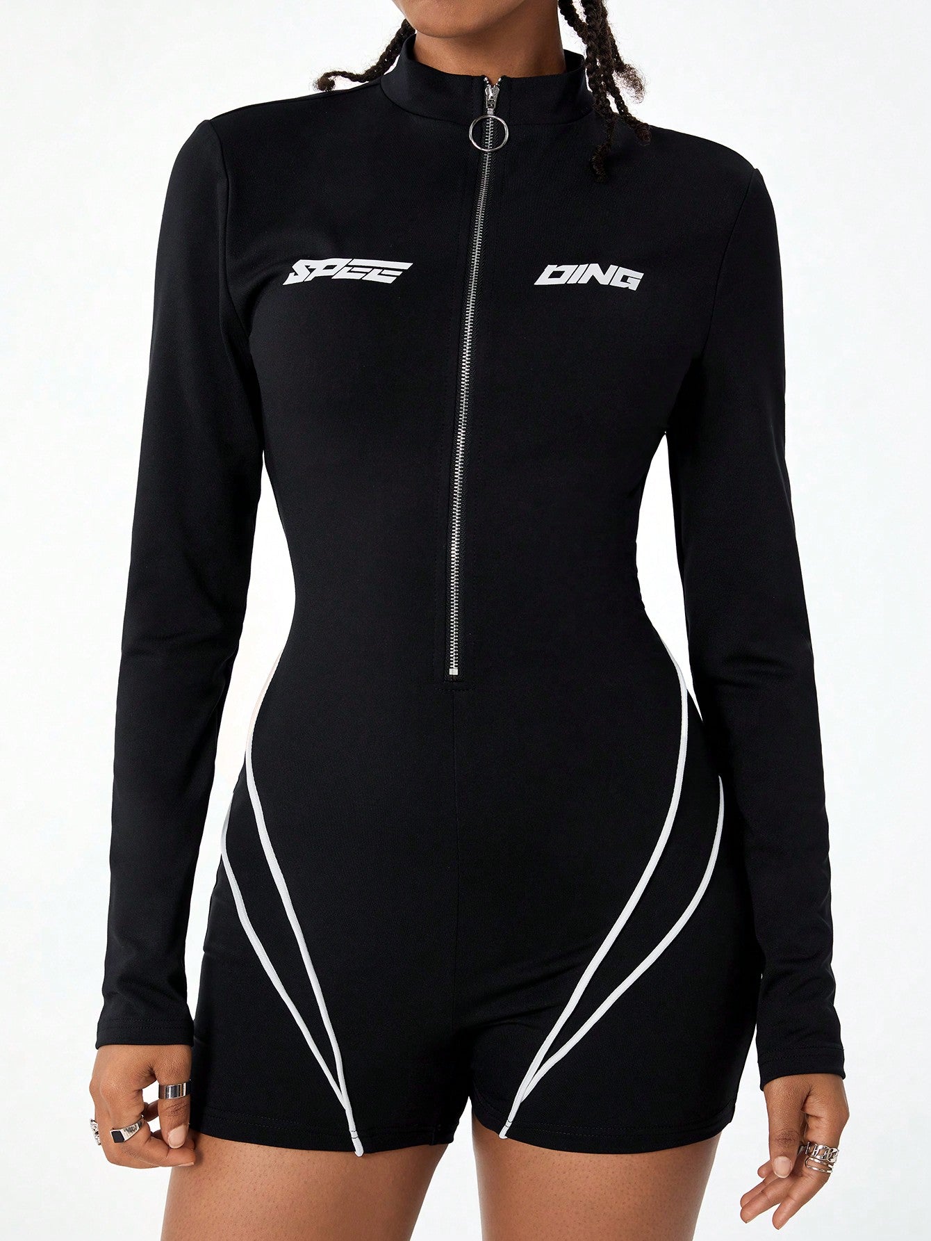 SHEIN Coolane Mono de ajuste para mujer con estilo de calle, de manga estrecha, con estampado de letras, ribetes contrastantes y cremallera