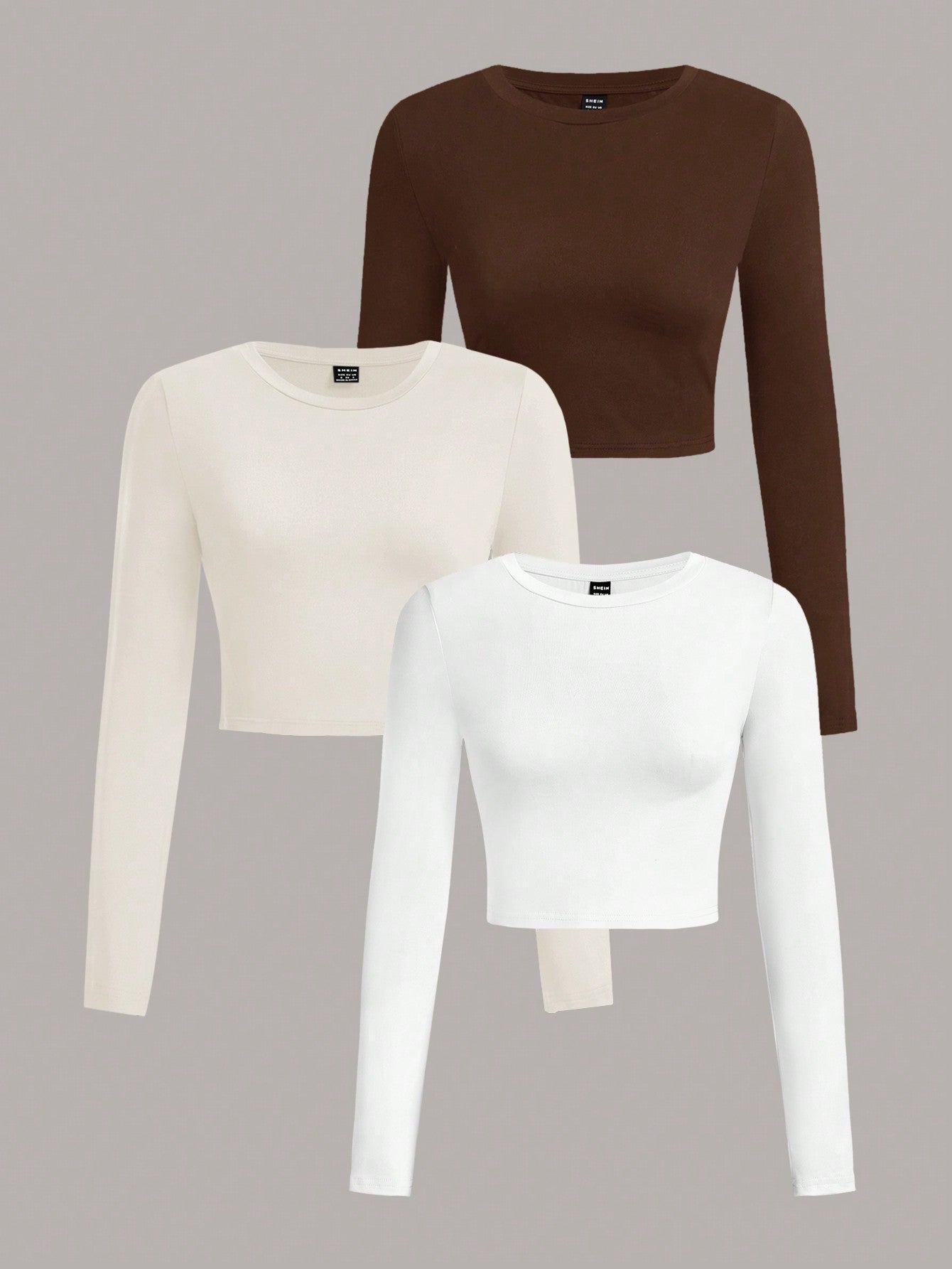 SHEIN EZwear 3 piezas de camiseta casual de manga larga y cuello redondo de ajuste delgado para mujer, para el verano