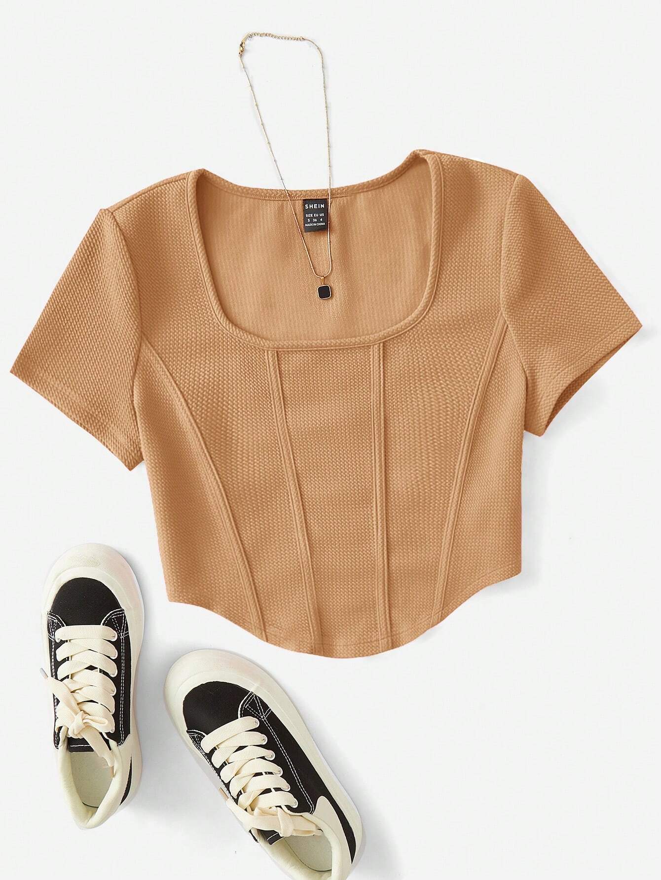 SHEIN EZwear Camiseta De Mujer Con Dobladillo Curvo Y Textura En Color Sólido