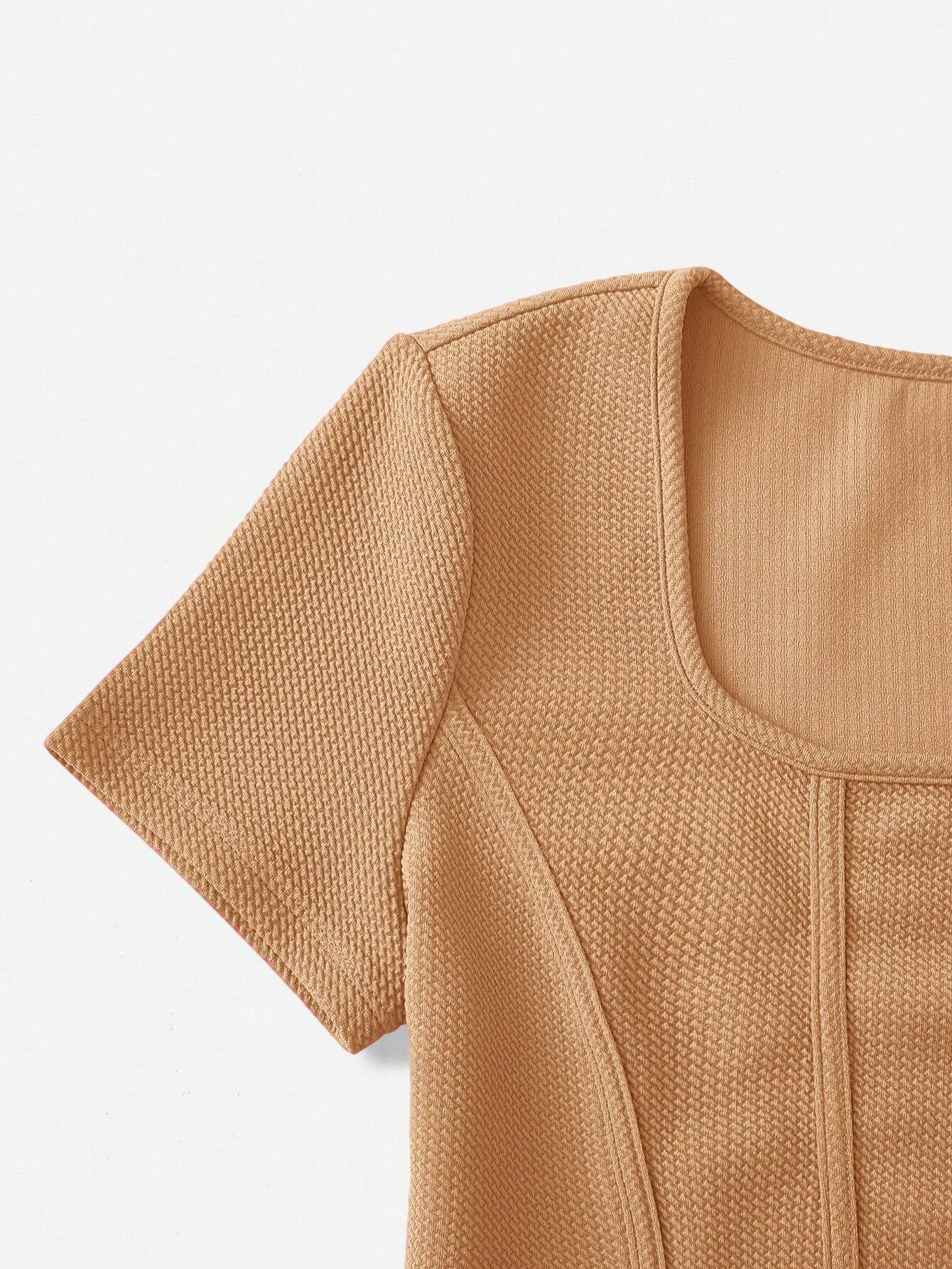 SHEIN EZwear Camiseta De Mujer Con Dobladillo Curvo Y Textura En Color Sólido