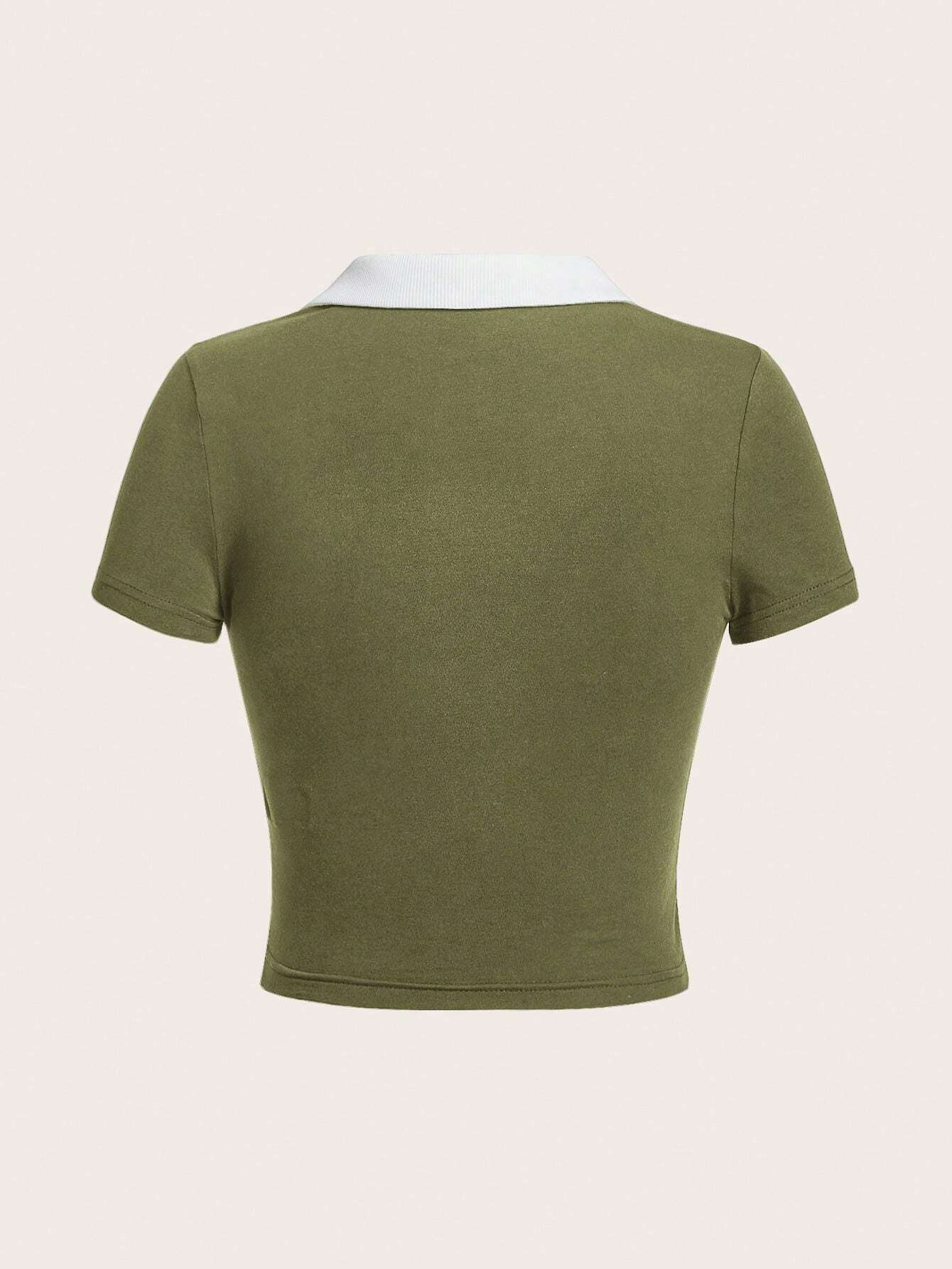 SHEIN EZwear Camiseta De Mujer De Punto Con Solapa Y Bloques De Color
