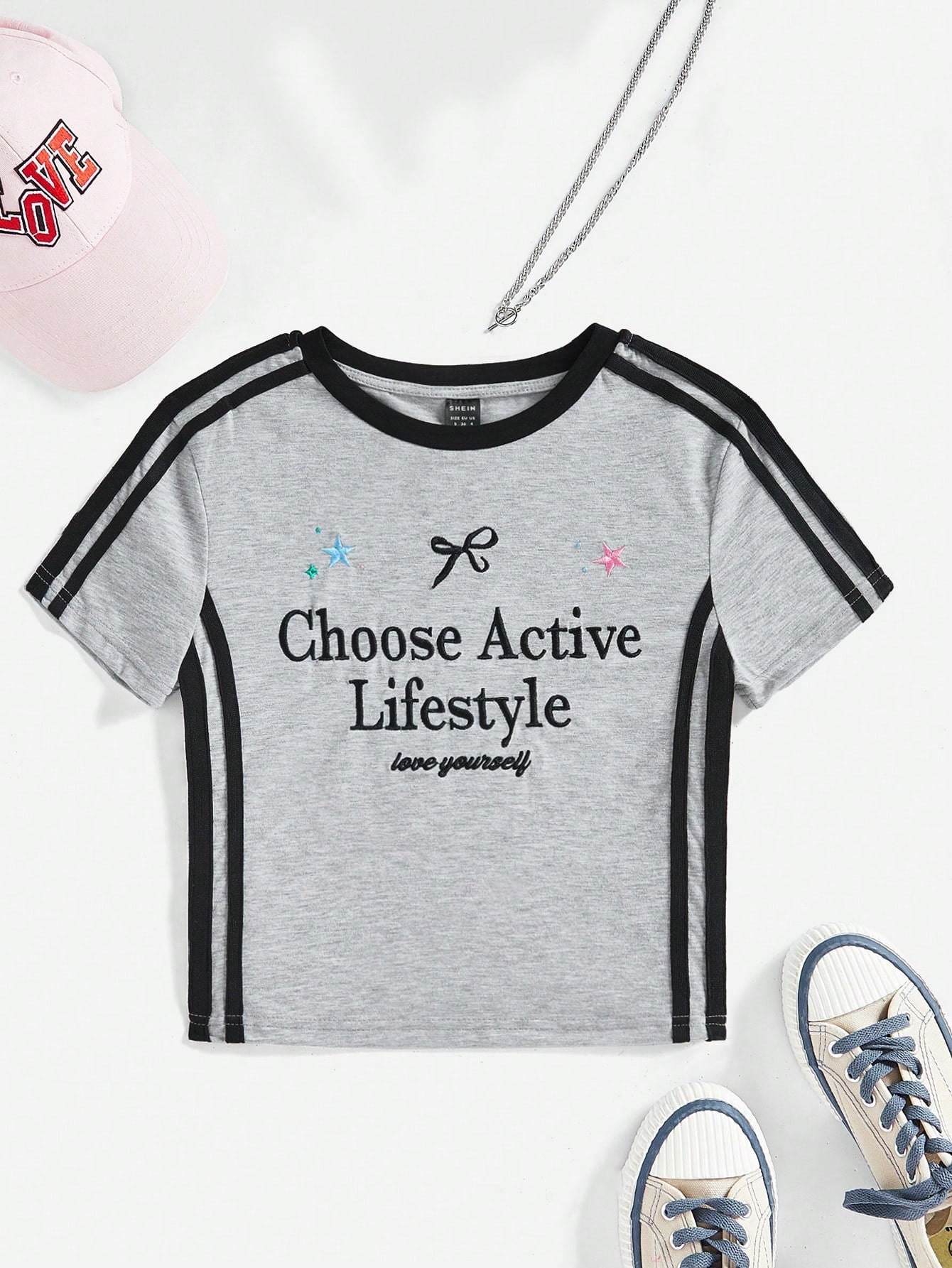 SHEIN EZwear Camiseta ajustada con bordado de eslogan tejida para mujer, elija el estilo de vida activo, ámese a sí mismo