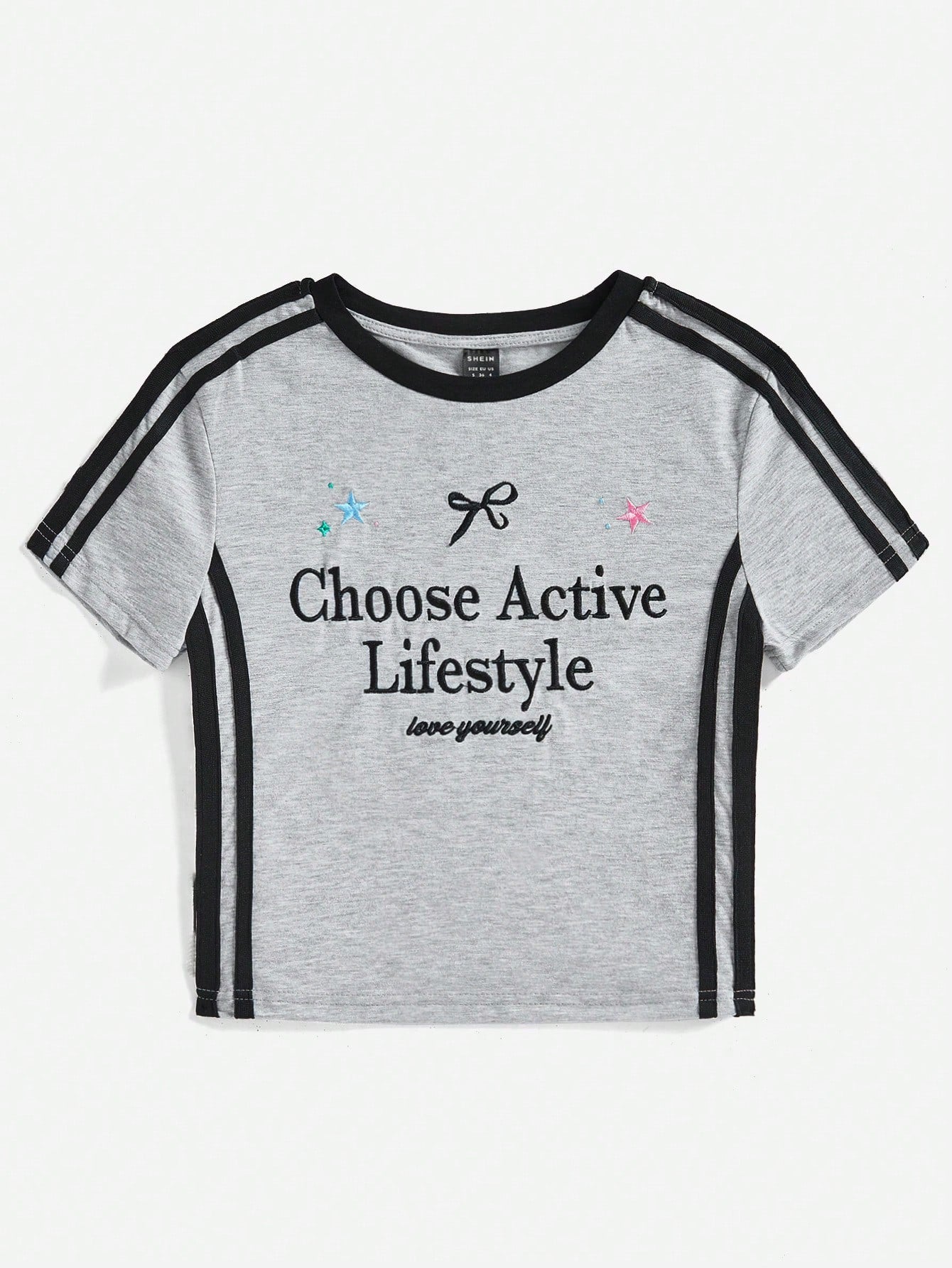 SHEIN EZwear Camiseta ajustada con bordado de eslogan tejida para mujer, elija el estilo de vida activo, ámese a sí mismo