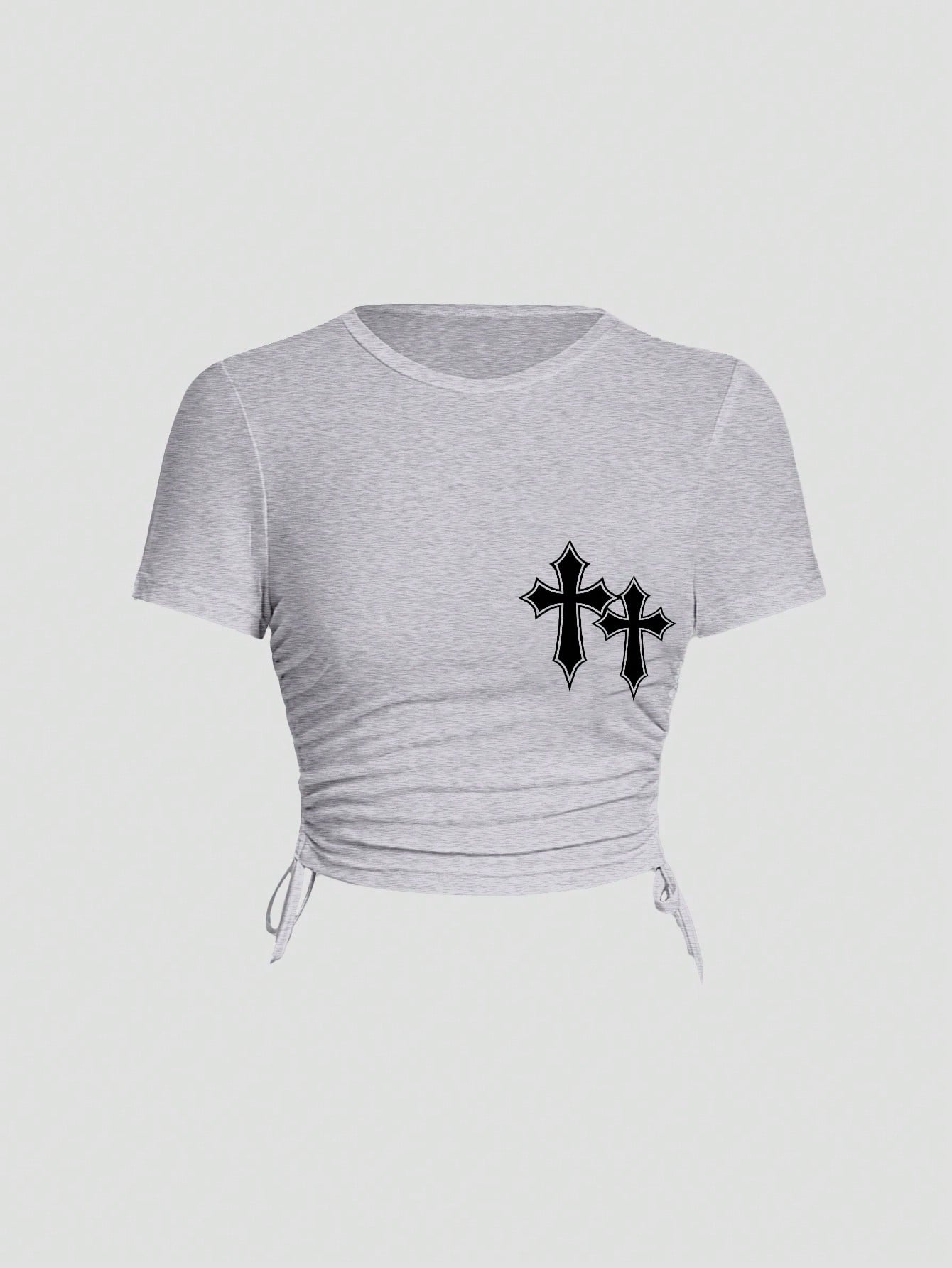 SHEIN EZwear Camiseta ajustada corta con cuello redondo, manga corta, diseño cruzado estampado y cordón lateral para mujer, adecuada para el verano