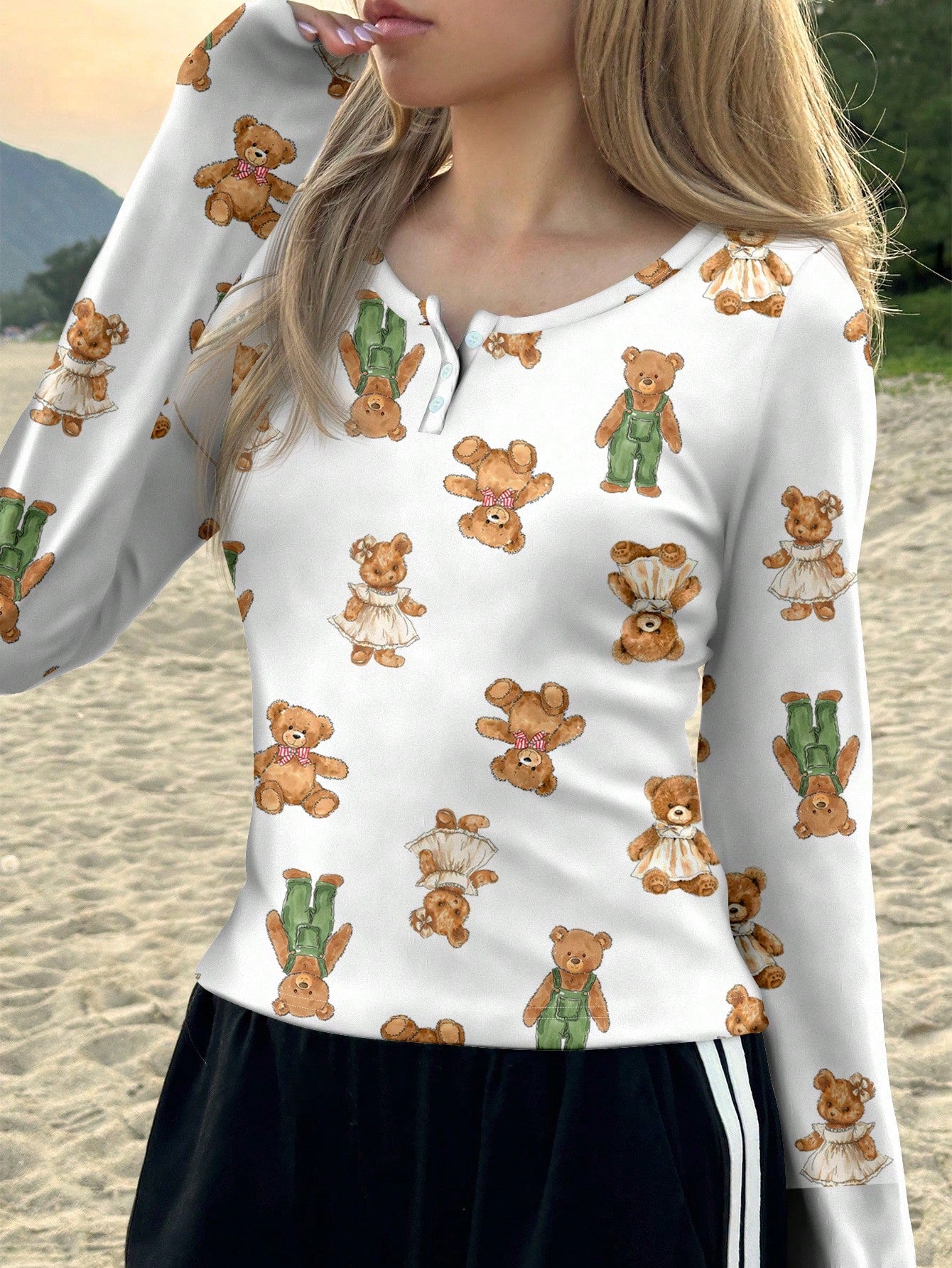 SHEIN EZwear Camiseta con cremallera de manga larga con estampado de oso adorable para mujeres, adecuada para otoño e invierno