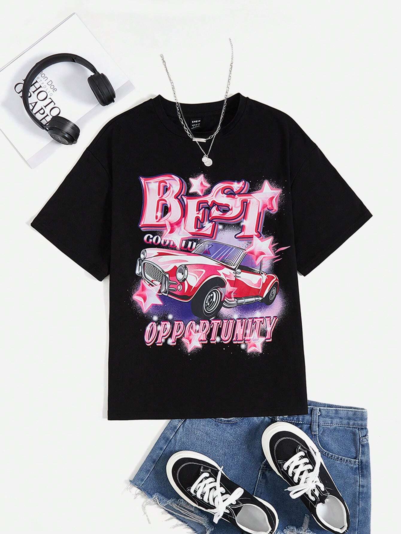SHEIN EZwear Camiseta con estampado de coche y letra
