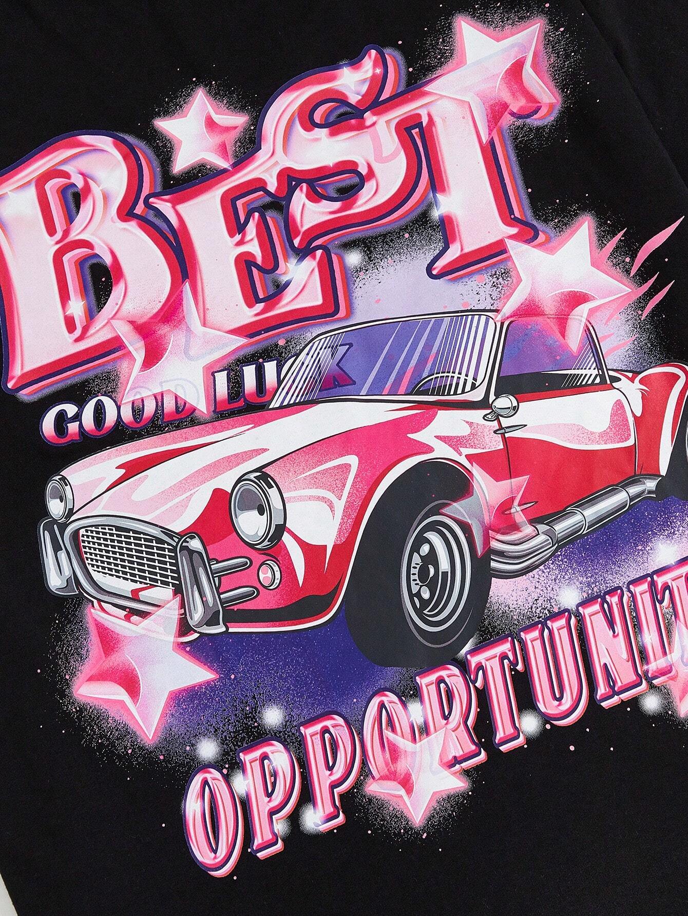 SHEIN EZwear Camiseta con estampado de coche y letra
