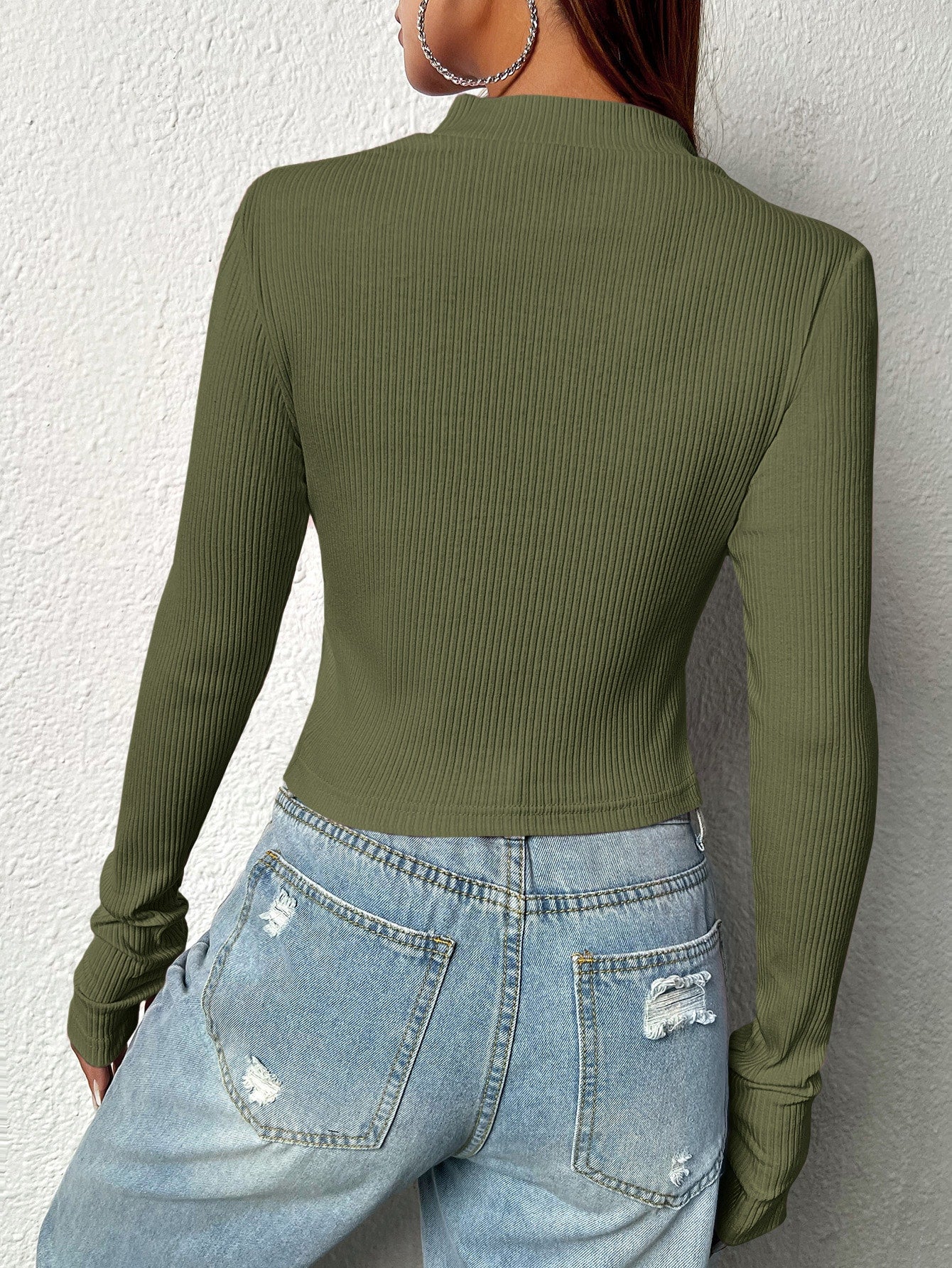 SHEIN EZwear Camiseta corta con cremallera delantera agujero para el pulgar