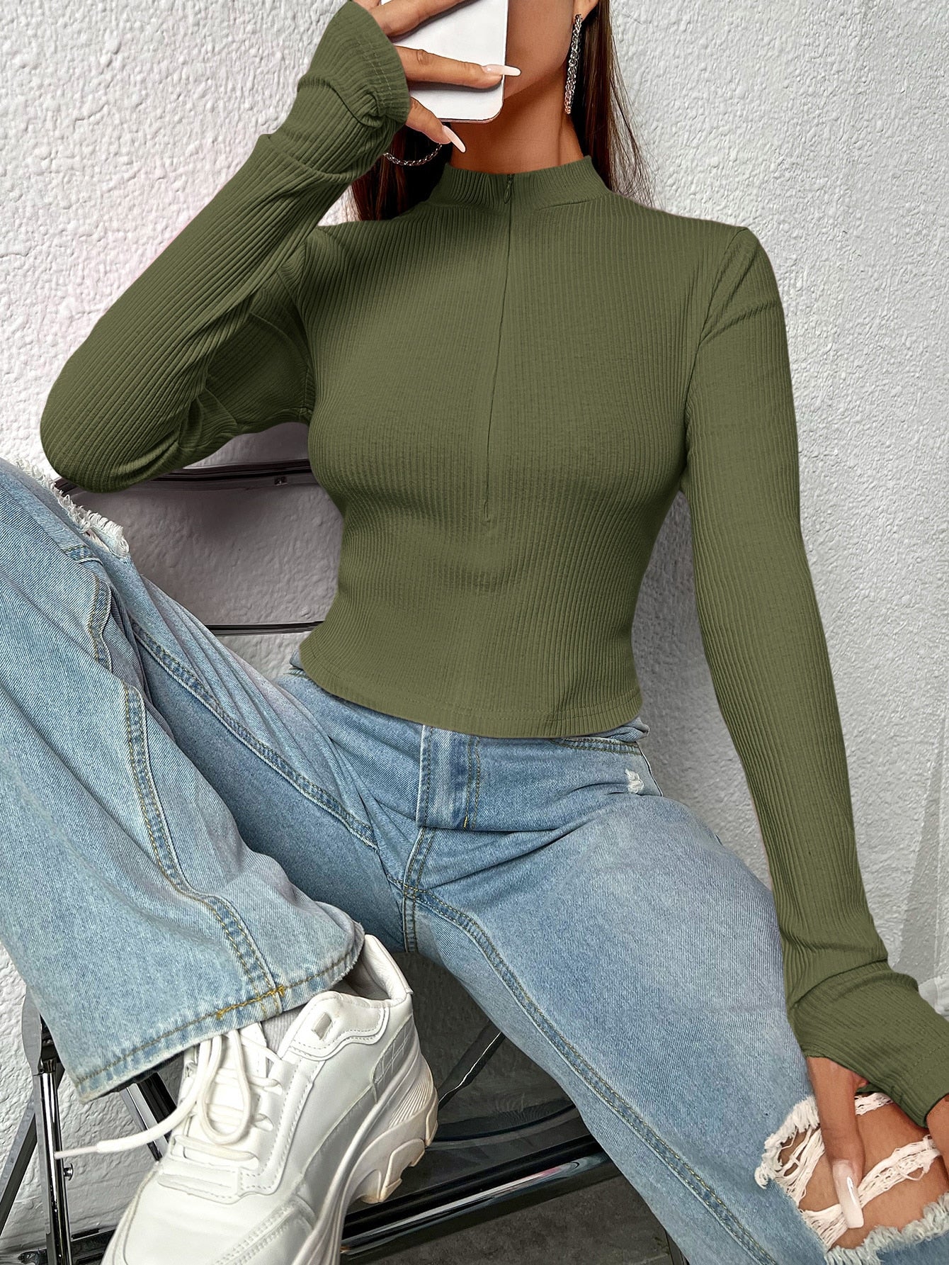 SHEIN EZwear Camiseta corta con cremallera delantera agujero para el pulgar